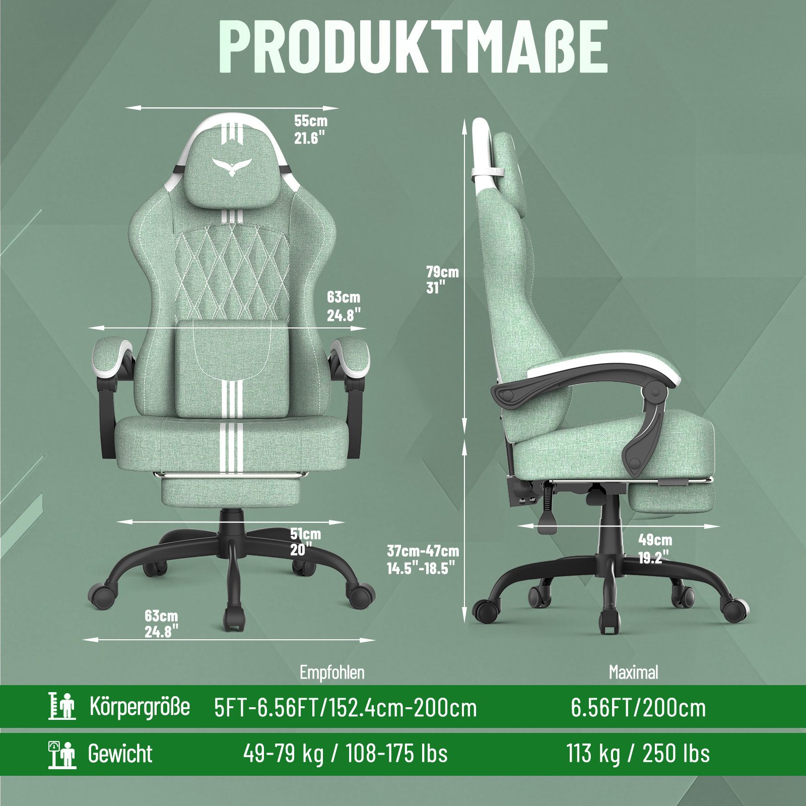 Huracan Gaming-Stuhl Gaming Chair mit Massagefunktion Kopfstütze & Fußstütze, (Gamer Stuhl,Gaming Sessel), Verstellbare Rückenlehne 90-135°,Höhenverstellbar – Bild 2 von 5