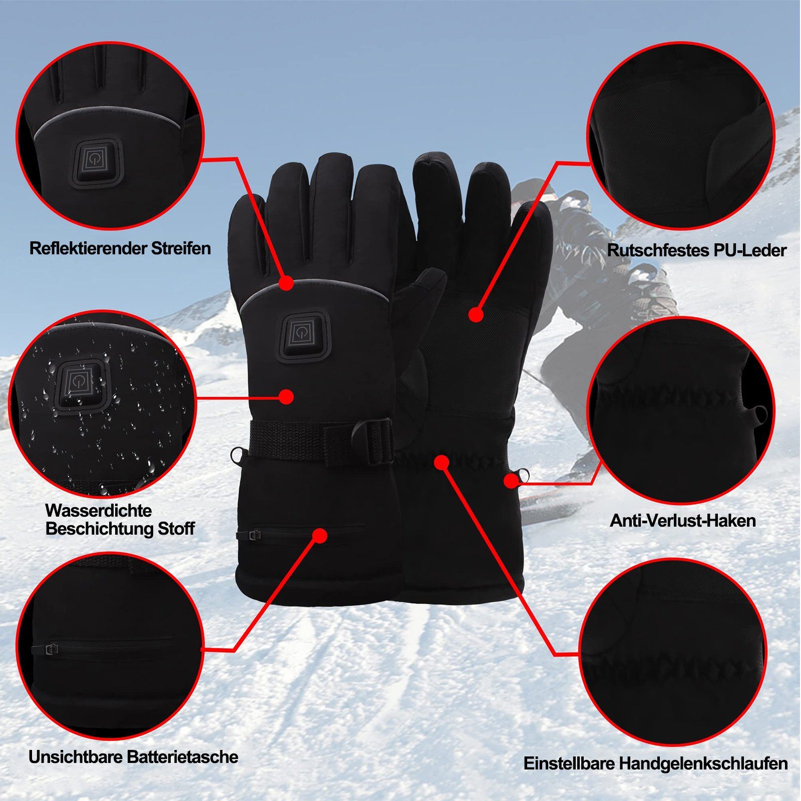 Multisporthandschuhe Beheizte Schwarz Handschuhe,Batterie,für Damen BTTO Laufen Handschuhe Radfahren Skifahren Winter,Skihandschuhe,Thermohandschuhe Herren