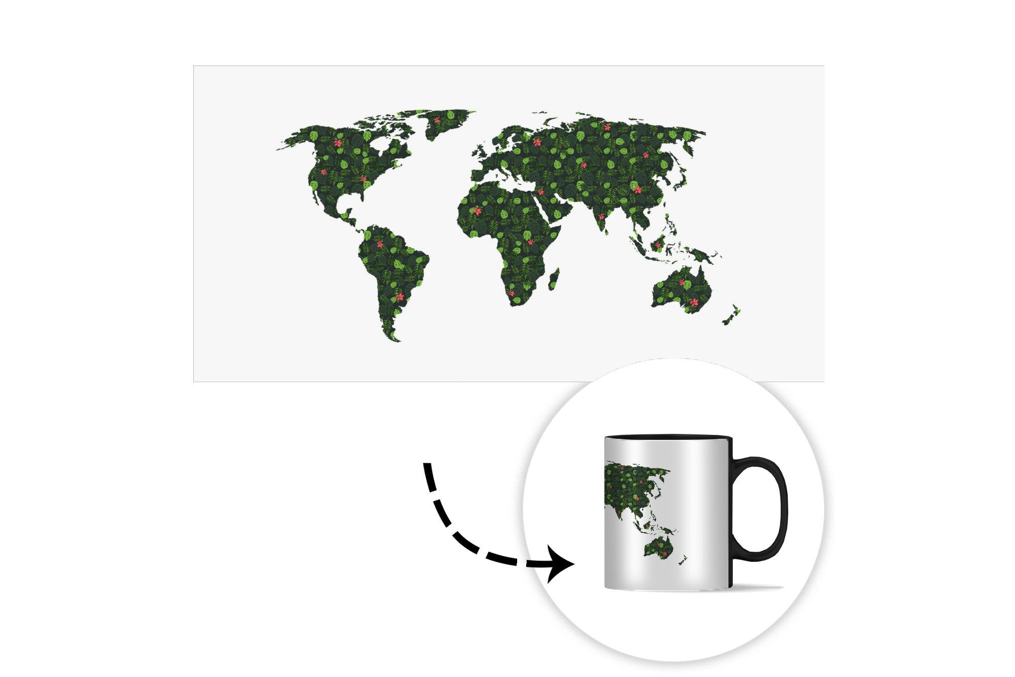 MuchoWow Tasse Weltkarte - Muster Zaubertasse, Teetasse, Blätter, Keramik, Geschenk - Farbwechsel, Kaffeetassen