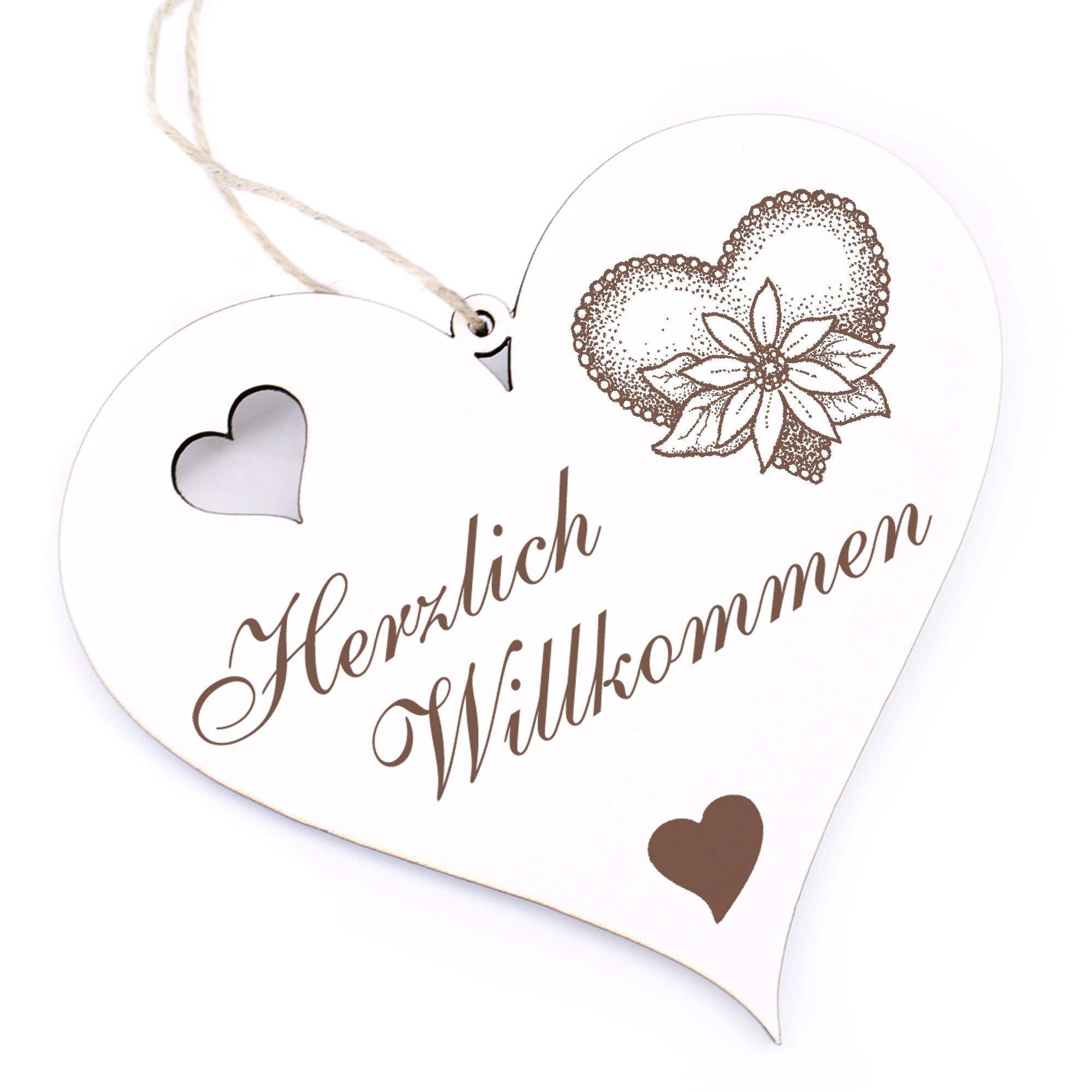 Dekolando Hängedekoration Herzlich Willkommen - Herz mit Blume - 13x12cm