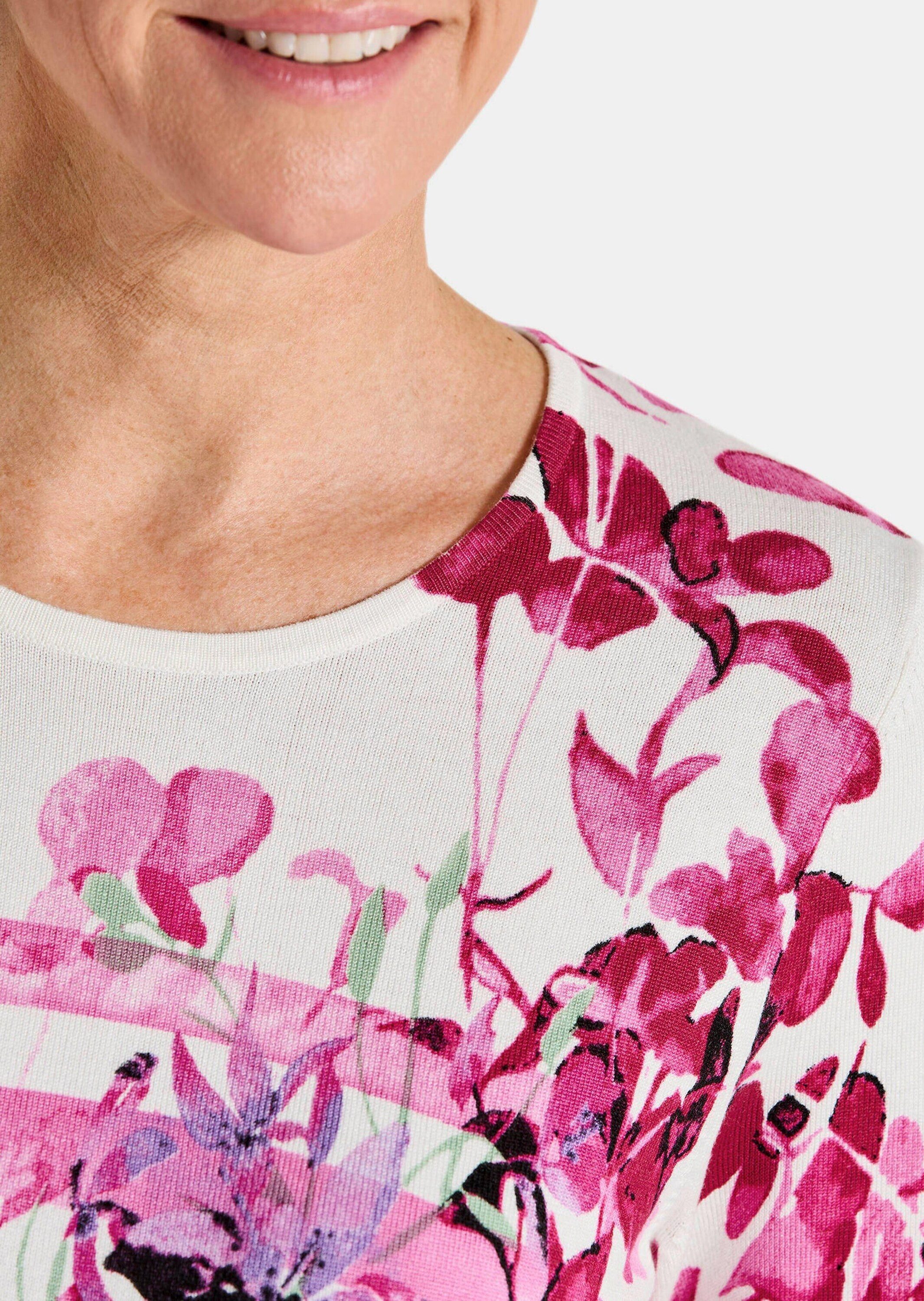 GOLDNER Strickpullover Florales Viskoseshirt mit Streifen Streifenpullover mit Rundhalsausschnitt und 3/4-Arm