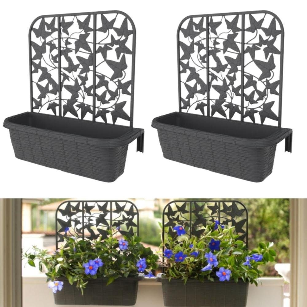 GarPet Blumenkasten 2x Balkonkasten mit Spalier Blumen Kasten 60 Rattan Geländer Halterung Anthrazit