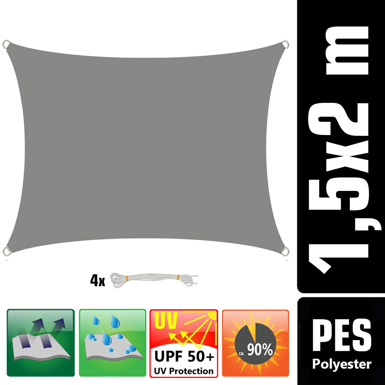 AMANKA Sonnensegel mit UV Schutz - 2 x 1,5 m Wasserdicht - Sonnenschutz Garten & Balkon, Polyester Sonnenschutzsegel Rechteckig - Überdachung mit Regenschutz