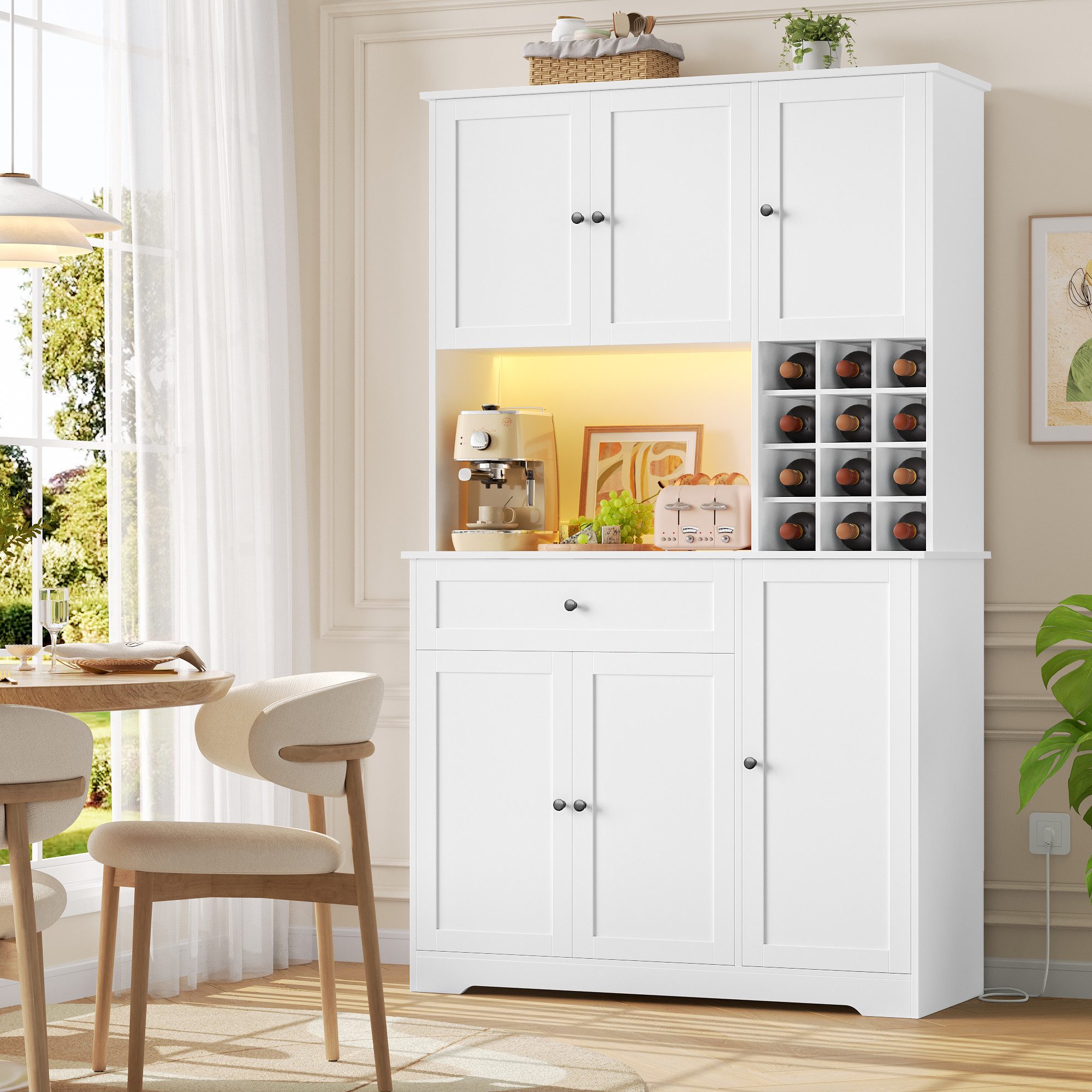 Homfa Küchenbuffet Küchenbuffet mit LED & Weinregal Küchenschrank Buffetschrank Sideboard weiß mit Steckdosenleiste & Arbeitsplatte 180x100x39cm