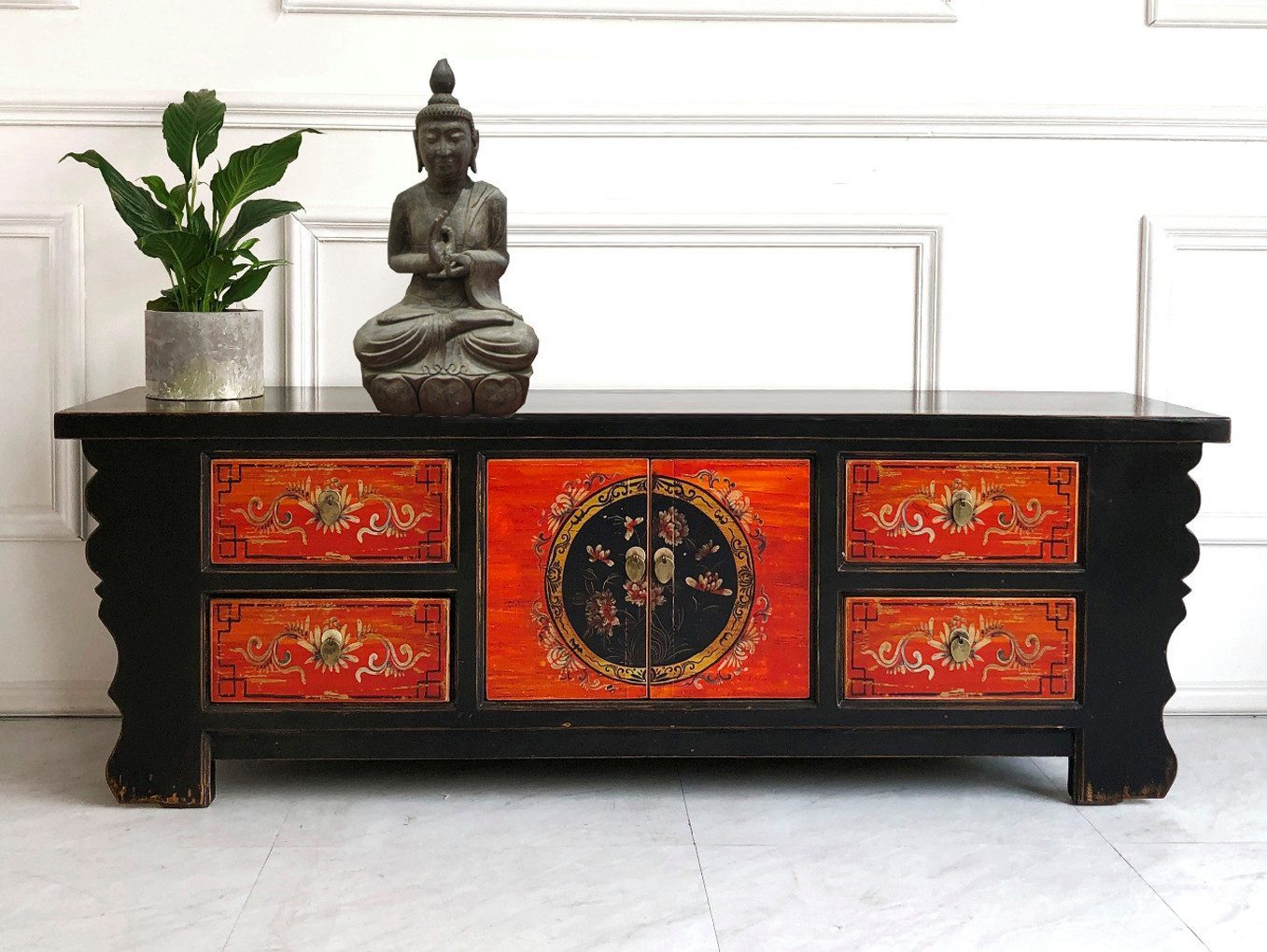 OPIUM OUTLET Kommode Asiatische Kommode Chinesischer Schrank Kommode Asia Möbel (Vintage Landhaus-Stil, komplett montiert, rot - schwarz, Hochzeitsschrank Breite x Tiefe x Höhe: 177 x 45 x 60 cm), Orientalisches TV Sideboard fernöstlich