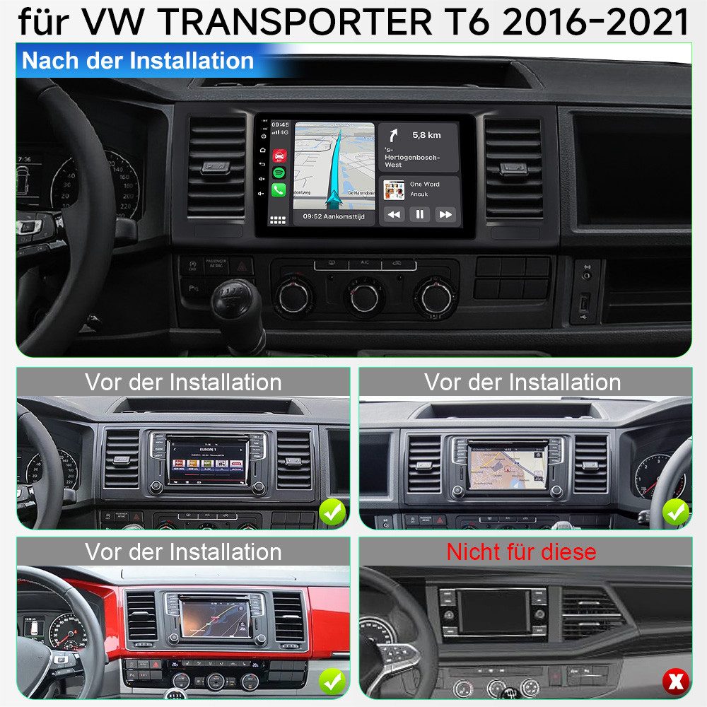A-Sure DAB+ 9" CarPlay GPS Für VW T6 Transporter Multivan 2016-22 Android 15 Autoradio (Digitalradio (DAB), Carplay Android Auto Bluetooth EQ USB GPS Navi WIFI Touchscreen)