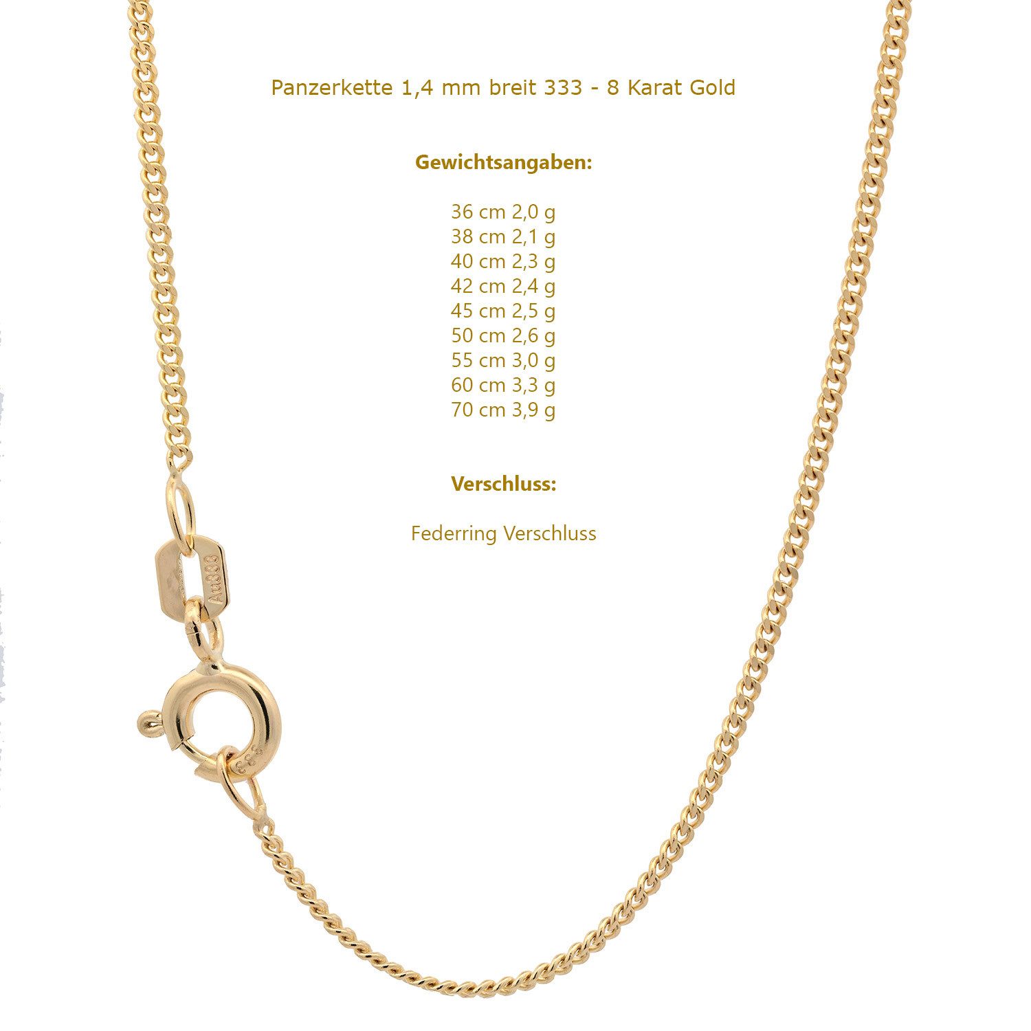 HOPLO Goldkette Goldkette Panzerkette Halskette Breite 1,4 mm 36 cm 333 - 8 Karat Gold, Made in Germany – Bild 2 von 4