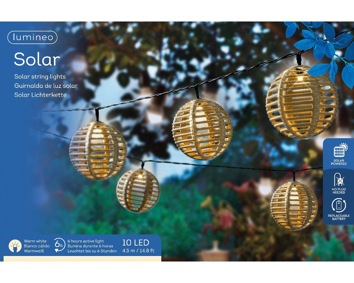 Lumineo LED-Girlande, LED Solar Lichterkette Outdoor Lampion Kugeln Plastik 4,5m Warmweiß