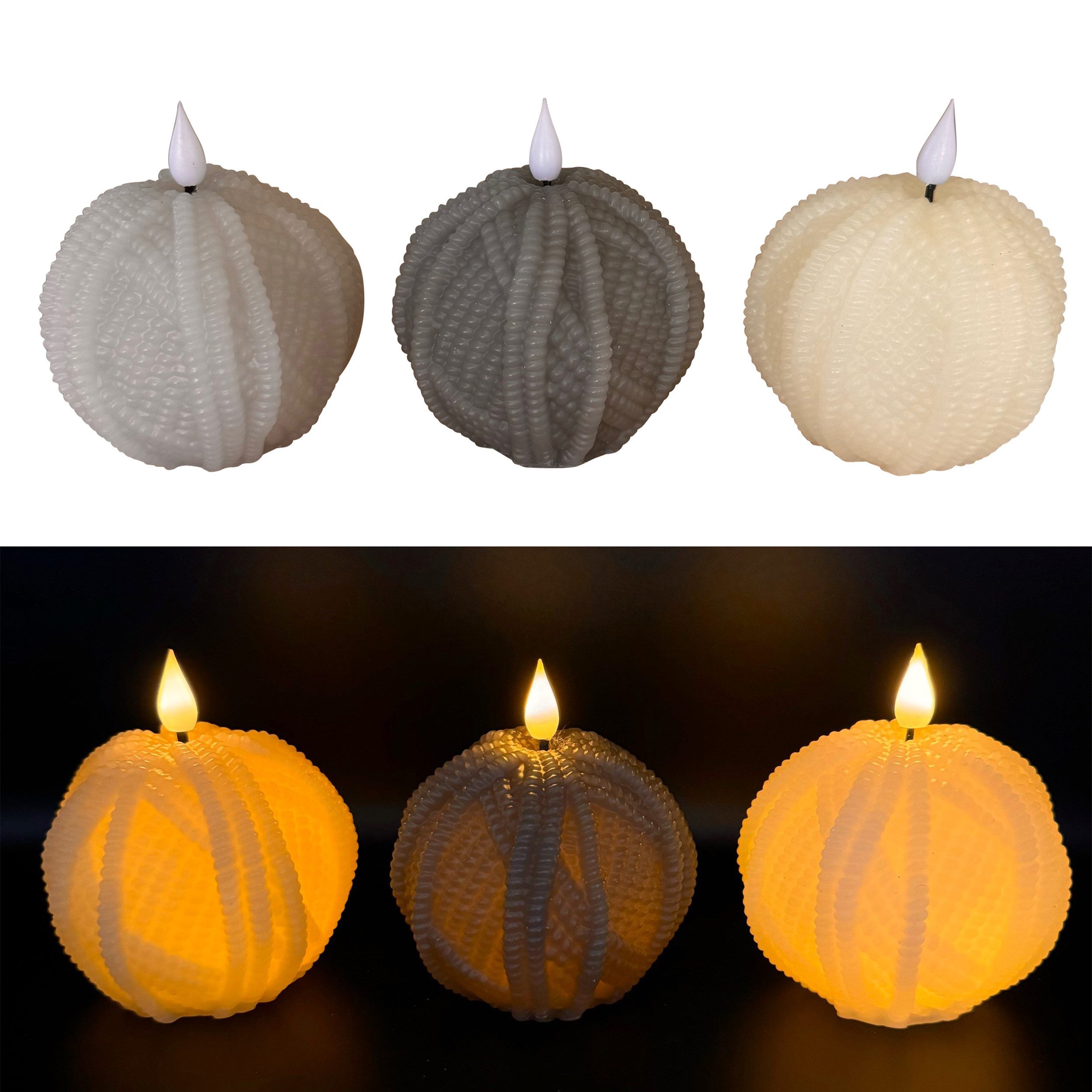 Online-Fuchs LED-Kerze 3er Set runde LED-Kerzen in Wollknäuel-Optik (Grau, Taupe, Creme, mit realistischer Flamme), inkl. 6-Stunden Timerfunktion - aus Echtwachs gefertigt