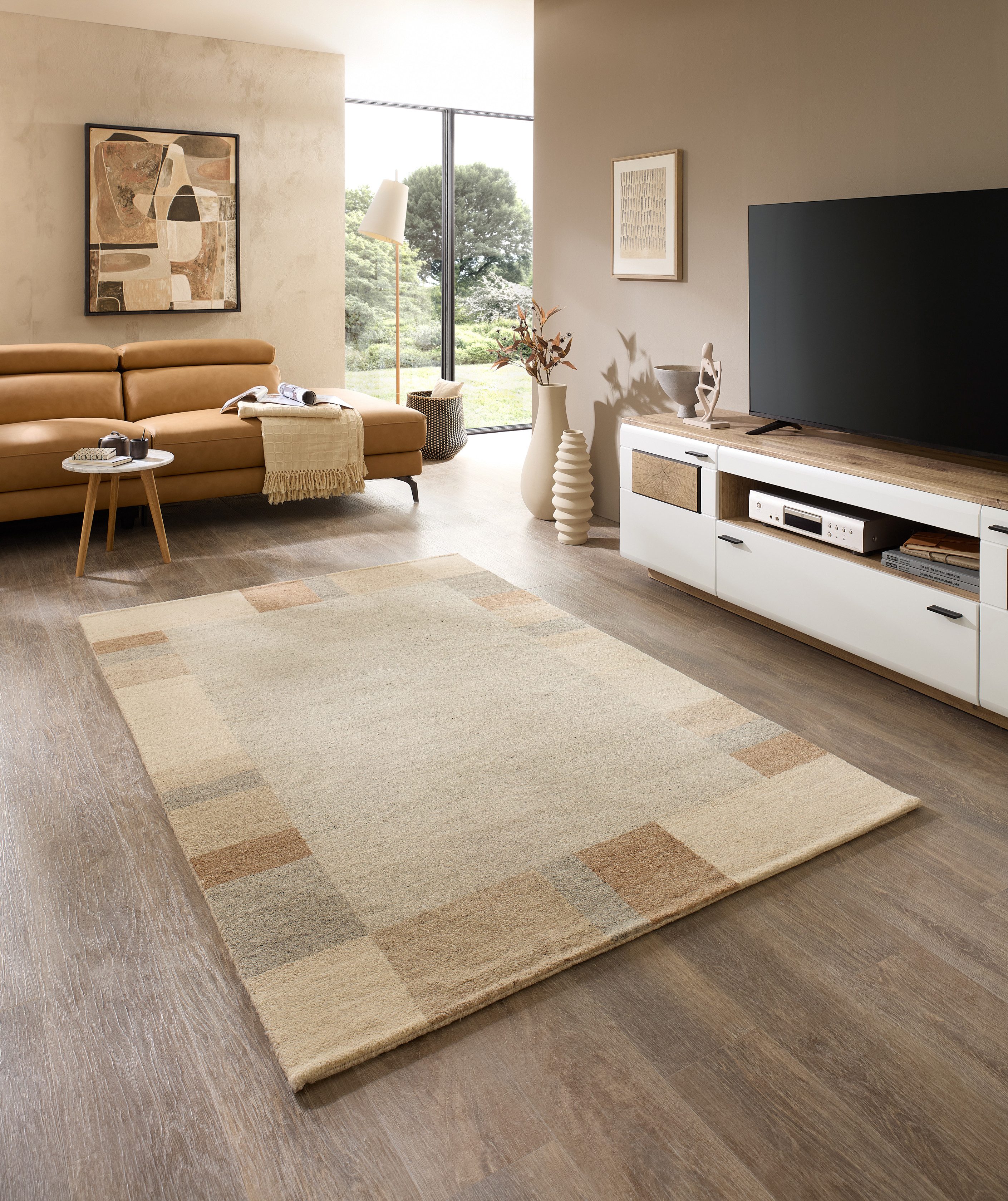 THEKO Wollteppich Fjell Geometrisch, handgeknüpft, rechteckig, Höhe: 19 mm, reine Schurwolle, meliert, mit Bordüre, Wohnzimmer