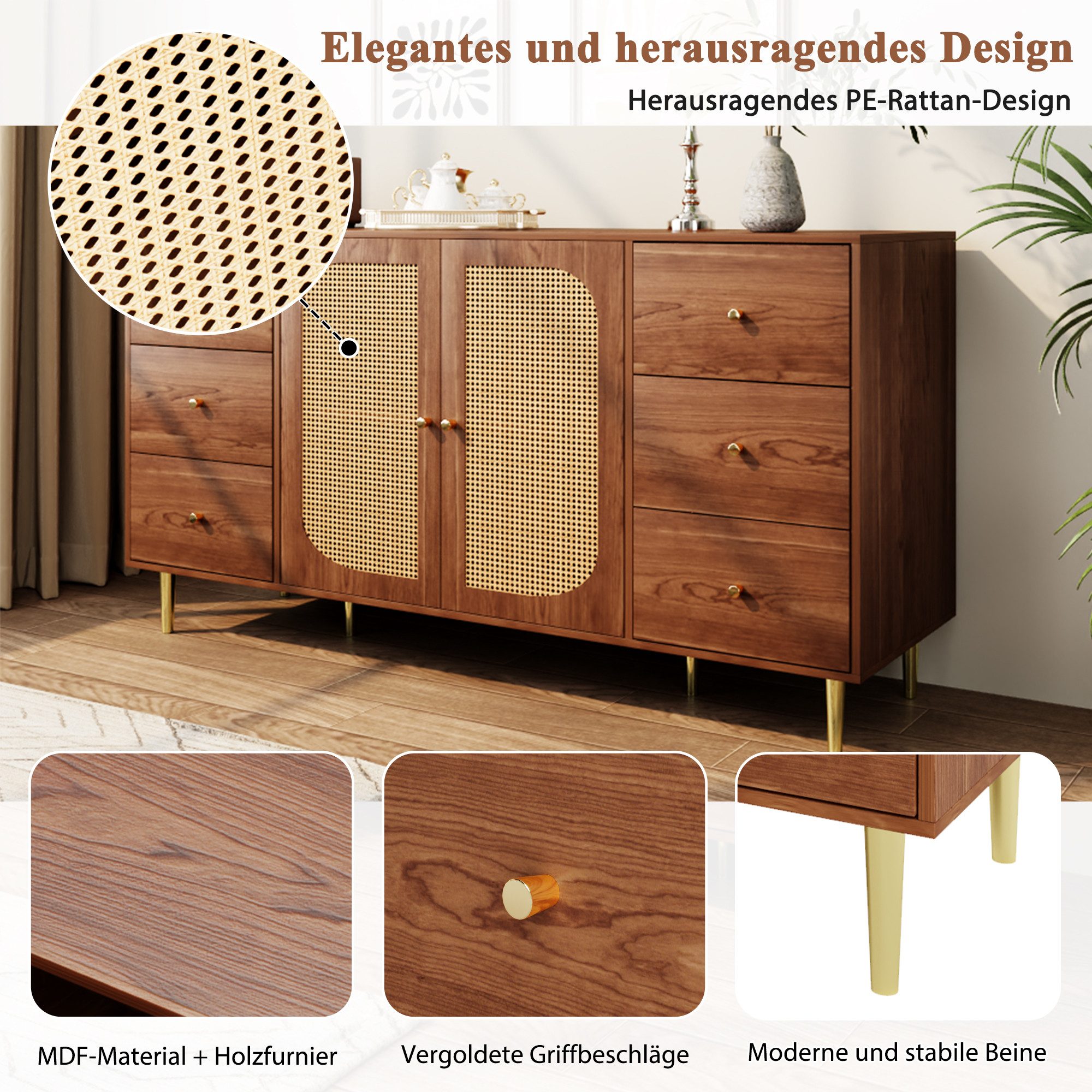 Flieks Kommode (1 St., 160x40x90 cm), Sideboard mit 2 Rattantür und 6 Schublade Wohnzimmer Walnussfarbe