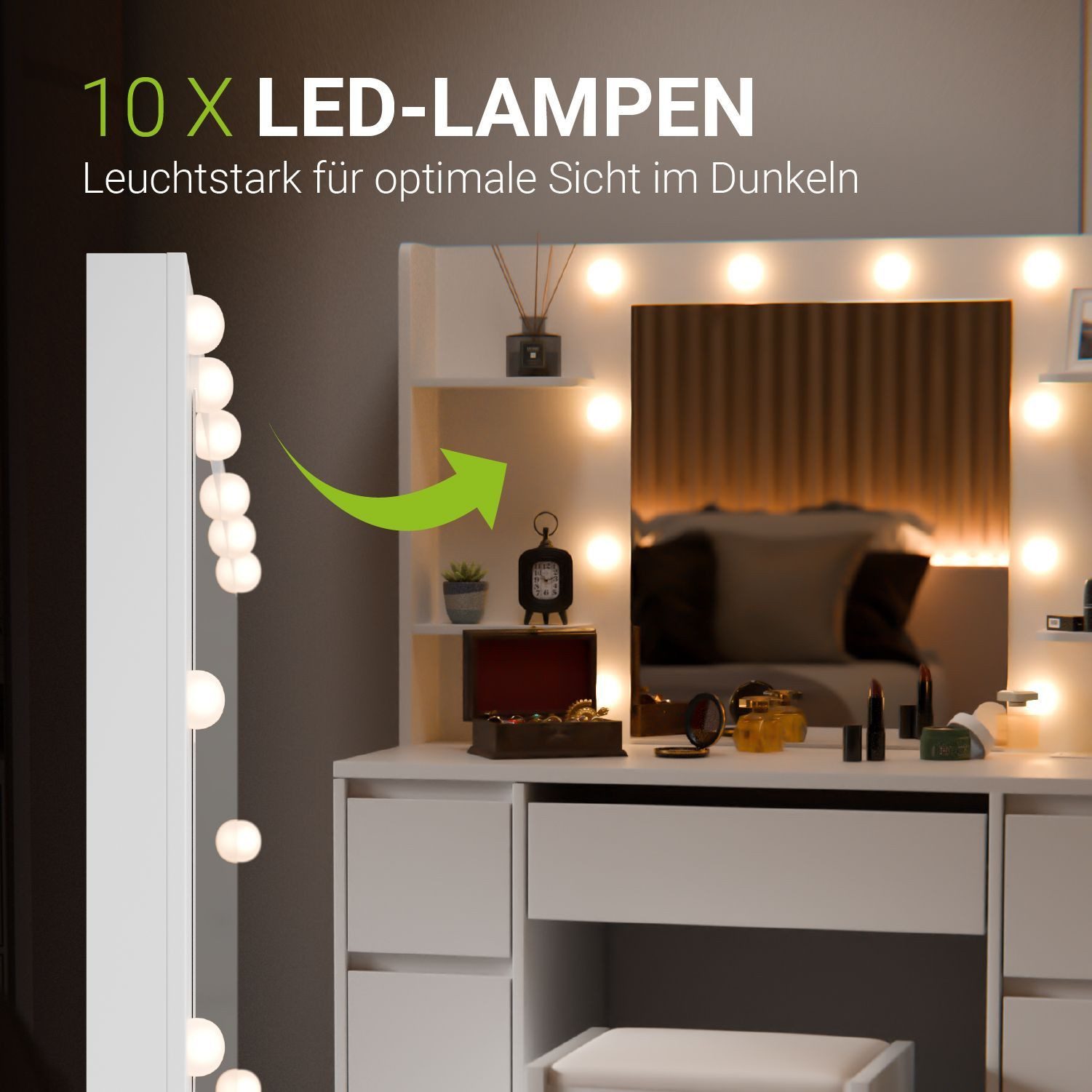 Juskys Schminktisch Malia, LED-Beleuchtung, 3 Helligkeitsstufen, modern, 7 Schubladen, Stauraum