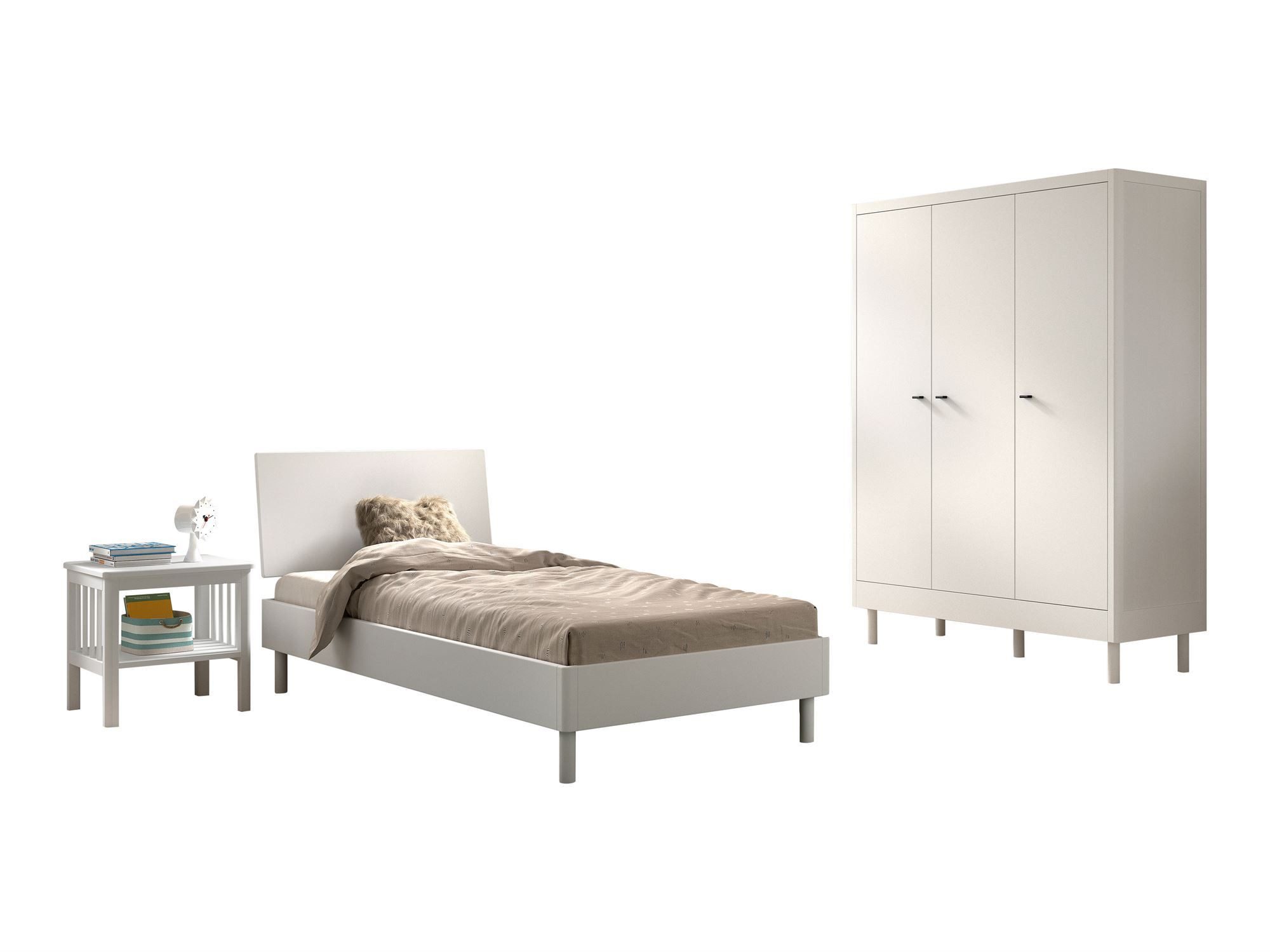 58 aufm Kessel Jugendzimmer-Set Einzelbett Set 90x200 Keeley Buche Bett Weiß Massivholz Schrank, (inkl. Versand, Lieferung bis Verwendungsstelle), Komplettes Schlafzimmer mit Massivholzbett und großem Kleiderschrank