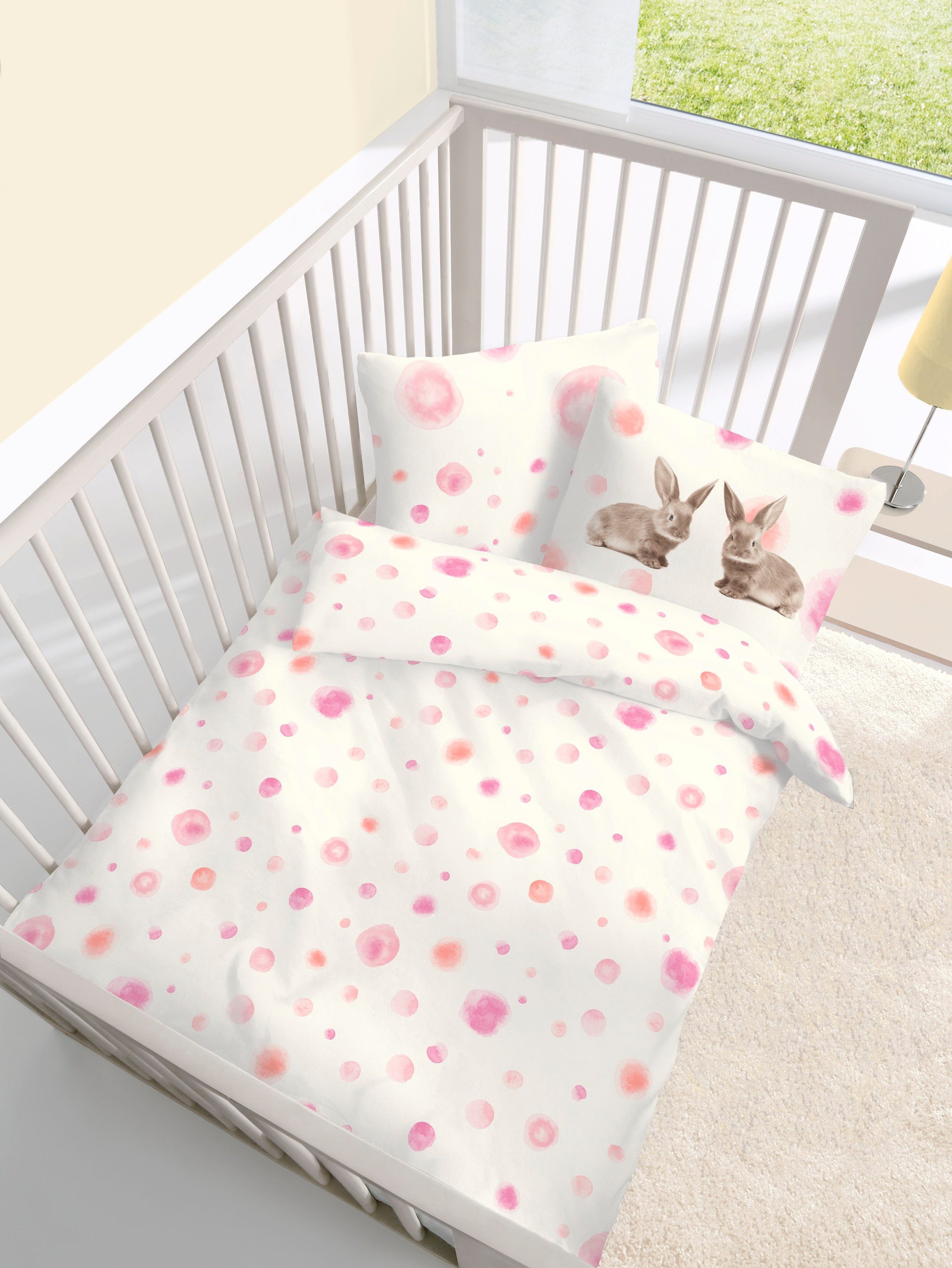DOBNIG Babybettwäsche Biber Bettwäsche 2tlg. 100/135 cm Häschen rosa Punkte günstig online kaufen