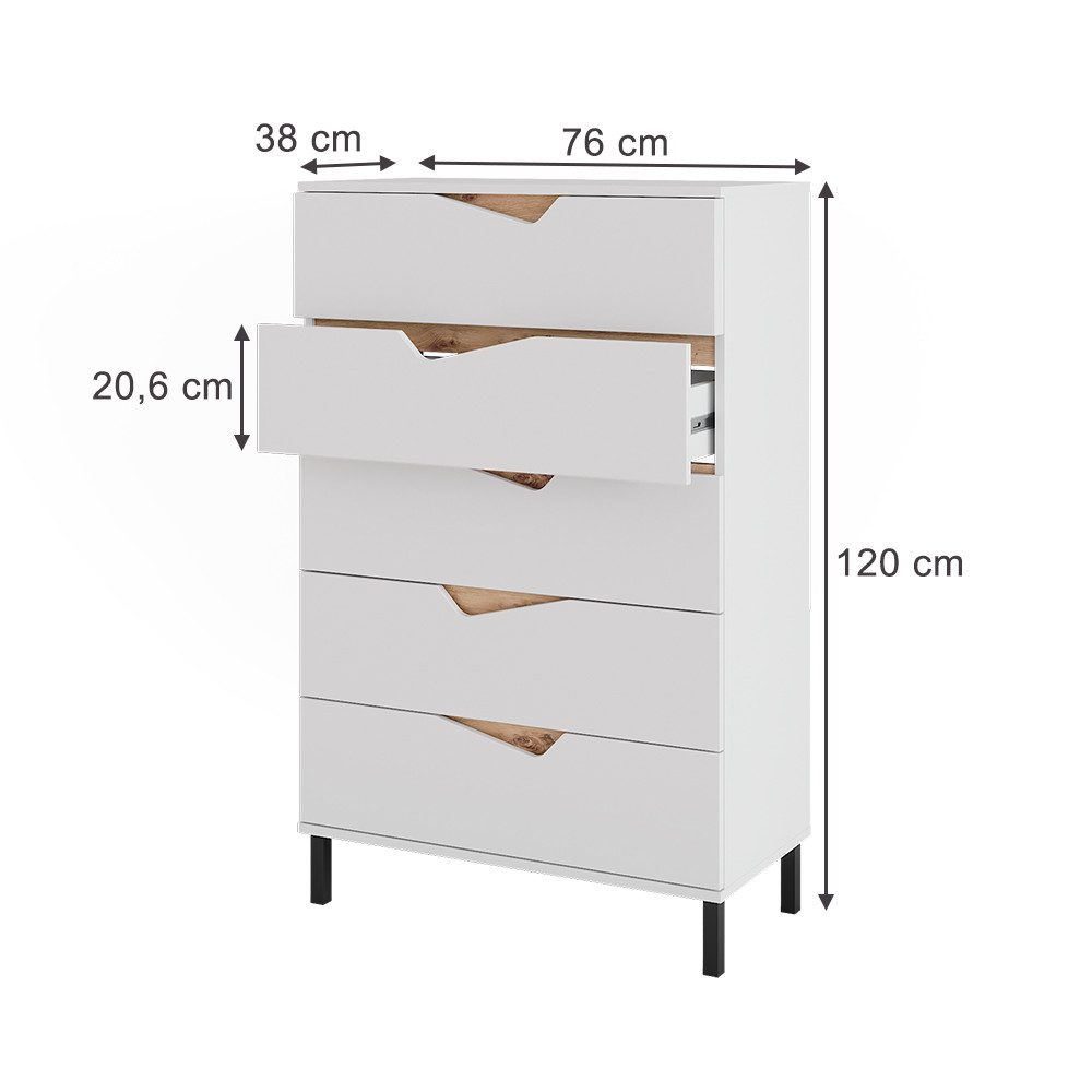 Vicco Kommode Marelle, Weiß/Artisan, 76 x 120 cm mit 5 Schubladen (1 St)