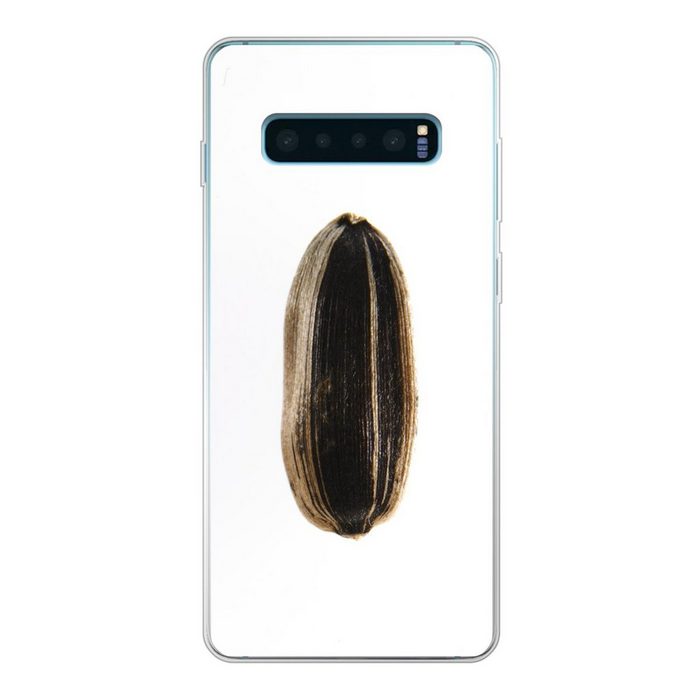 MuchoWow Handyhülle Studioaufnahme von Sonnenblumenkernen auf weißem Hintergrund Phone Case Handyhülle Samsung Galaxy S10+ Silikon Schutzhülle