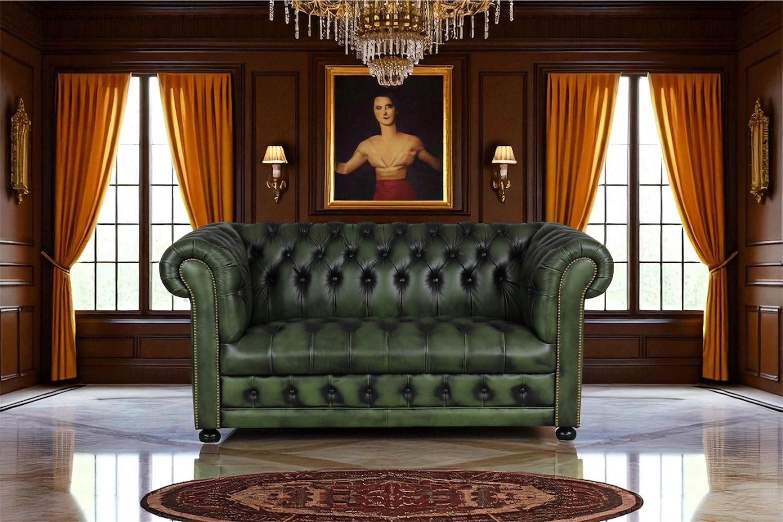 Salottini Chesterfield-Sofa Sofa Chesterfield 2-Sitzer Couch Clyde Ledersofa Salottini grün, 1 Teile, Handarbeit
