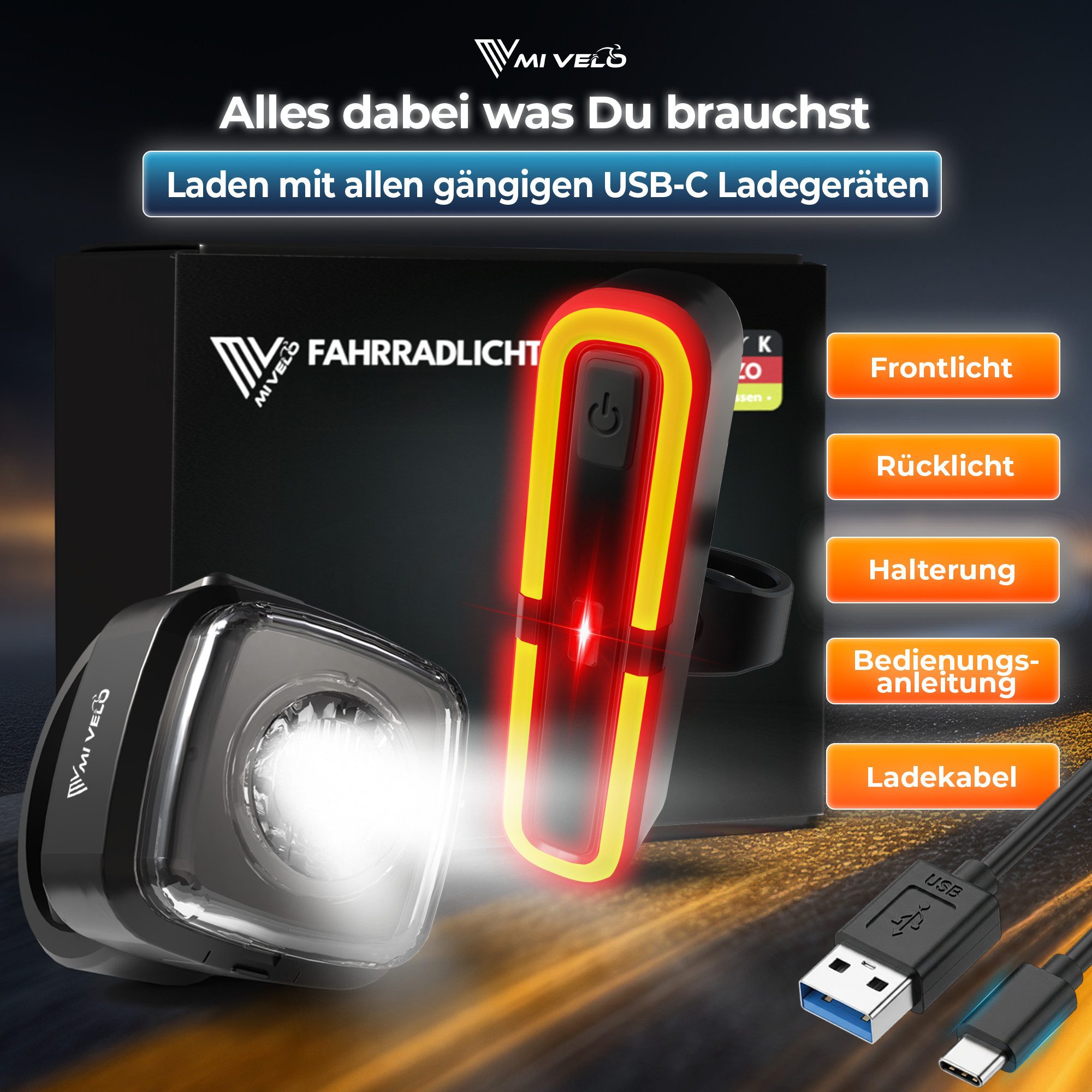 MIVELO Fahrradbeleuchtung COB Pro Fahrradlicht LED Set mit Bremsfunktion Akku USB aufladbar, StVZO zugelassen