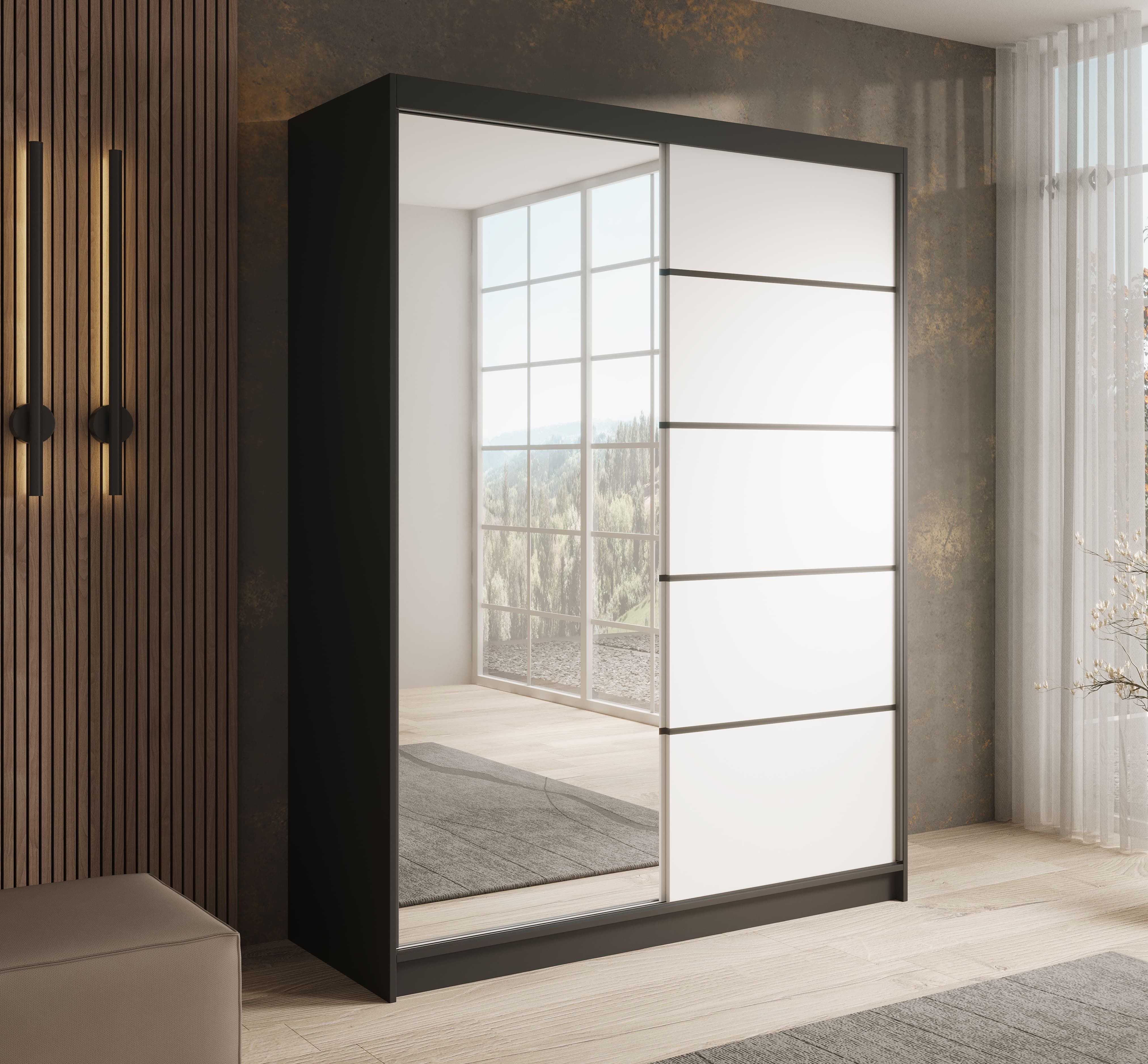 MOEBLO Schiebetürenschrank CAMBRIA 150 (modern, mit Spiegel, viel Stauraum, 2-türig, Weiß/Schwarz, Schwebetürenschrank 2-türig Schrank Garderobe Schiebtüren Schlafzimmer	Wohnzimmerschrank mit Spiegel) (BxHxT): 150x200x58cm