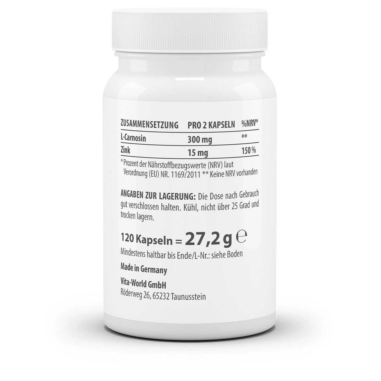 vitaworld Zink L-Carnosin, Zink schützt Zellen vor oxidativem Streß Kapseln, 120 St., 27.2 g
