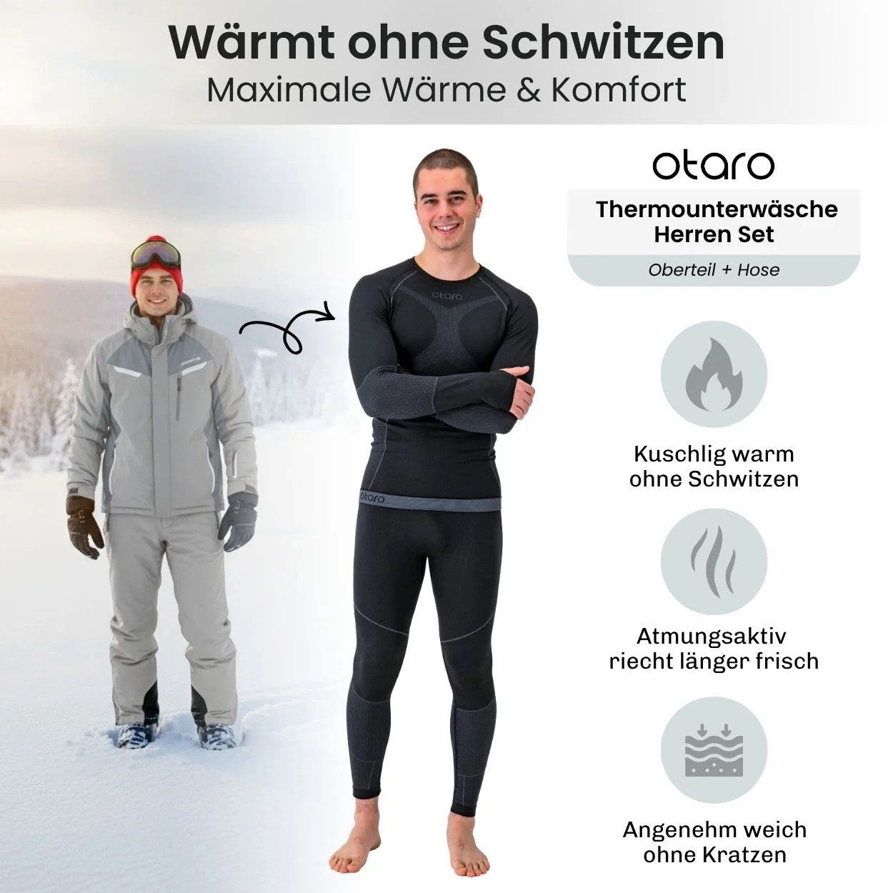 Otaro Thermounterhose Thermounterwäsche Herren Set, Funktionsunterwäsche, Baselayer (Die perfekte Skiunterwäsche, 2-St., 2-teiliges Set) Wärmeisolierend, Atmungsaktiv, Schnelltrocknend