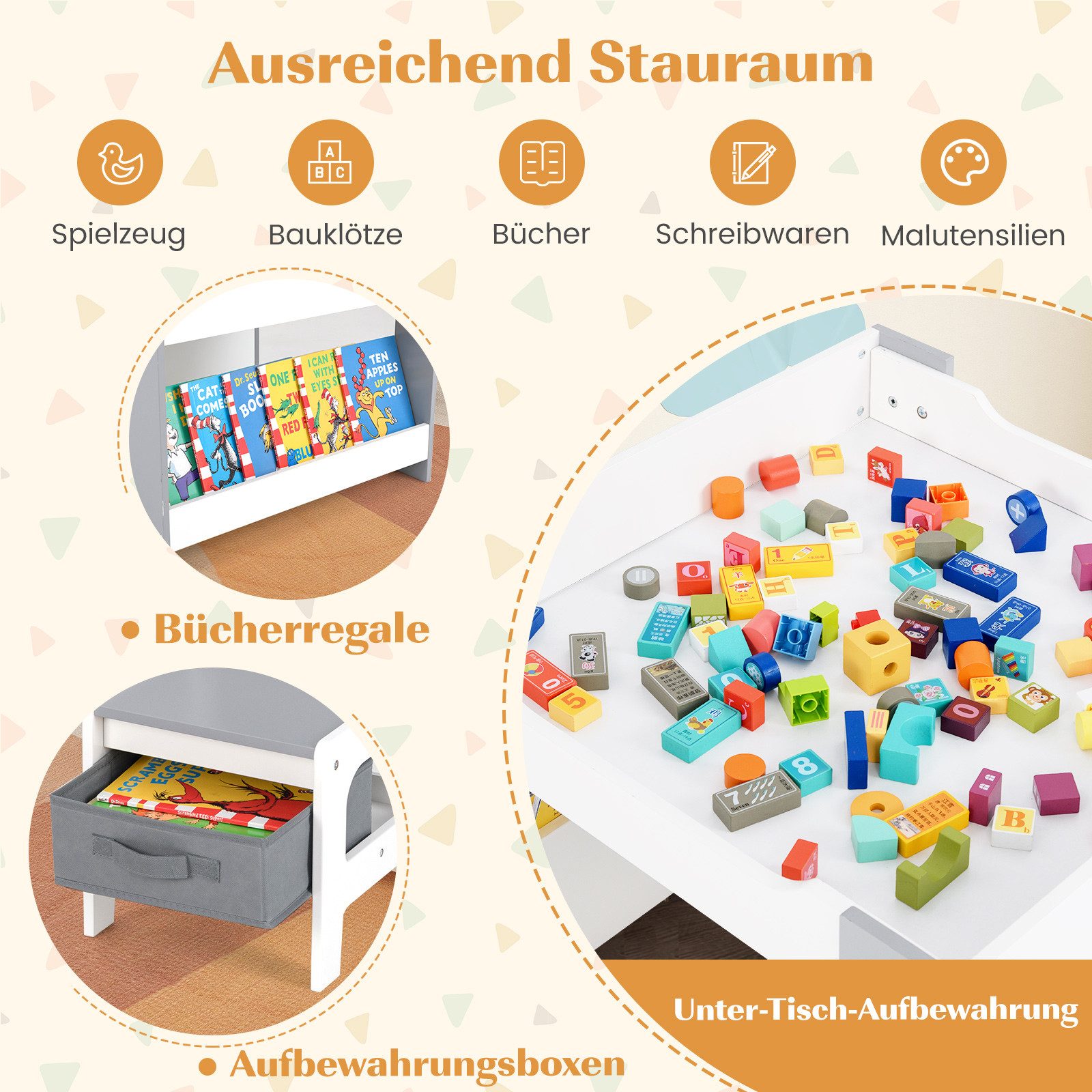 COSTWAY Kindersitzgruppe, (3-tlg), mit 2 stühlen & Bücherregalen, Maltisch