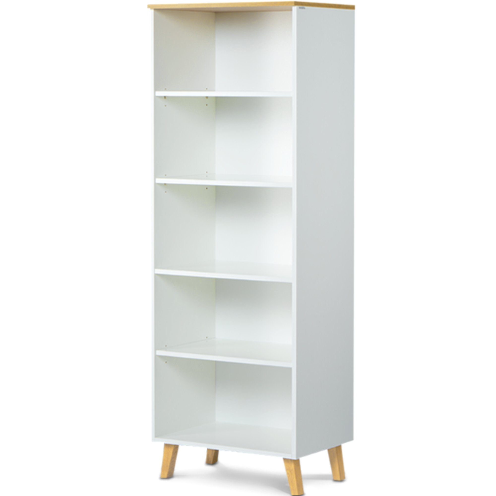 Konsimo Bücherregal FRISK Bücherschränke Standregale Aktenregale, 4 Einlegeböden, Skandinavischen Stil, Eichenholzbeine weiß