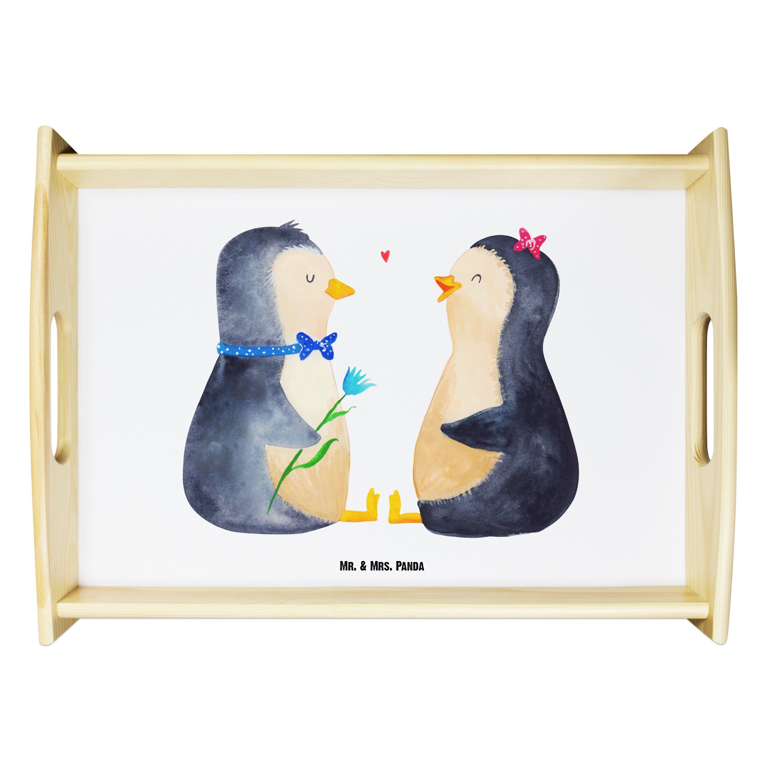 Mr. & Mrs. Panda Tablett Pinguin Pärchen - Weiß - Geschenk, Küchentablett, große Liebe, Liebes, Echtholz lasiert, (1-tlg), Kratzfeste Oberfläche