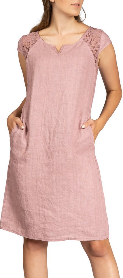 Caspar Sommerkleid SKL042 Damen Sommer Leinenkleid mit dezentem Spitzeneinsatz Luftig leicht, figurumspielende Form, mit seitlichem Jersey-Einsatz