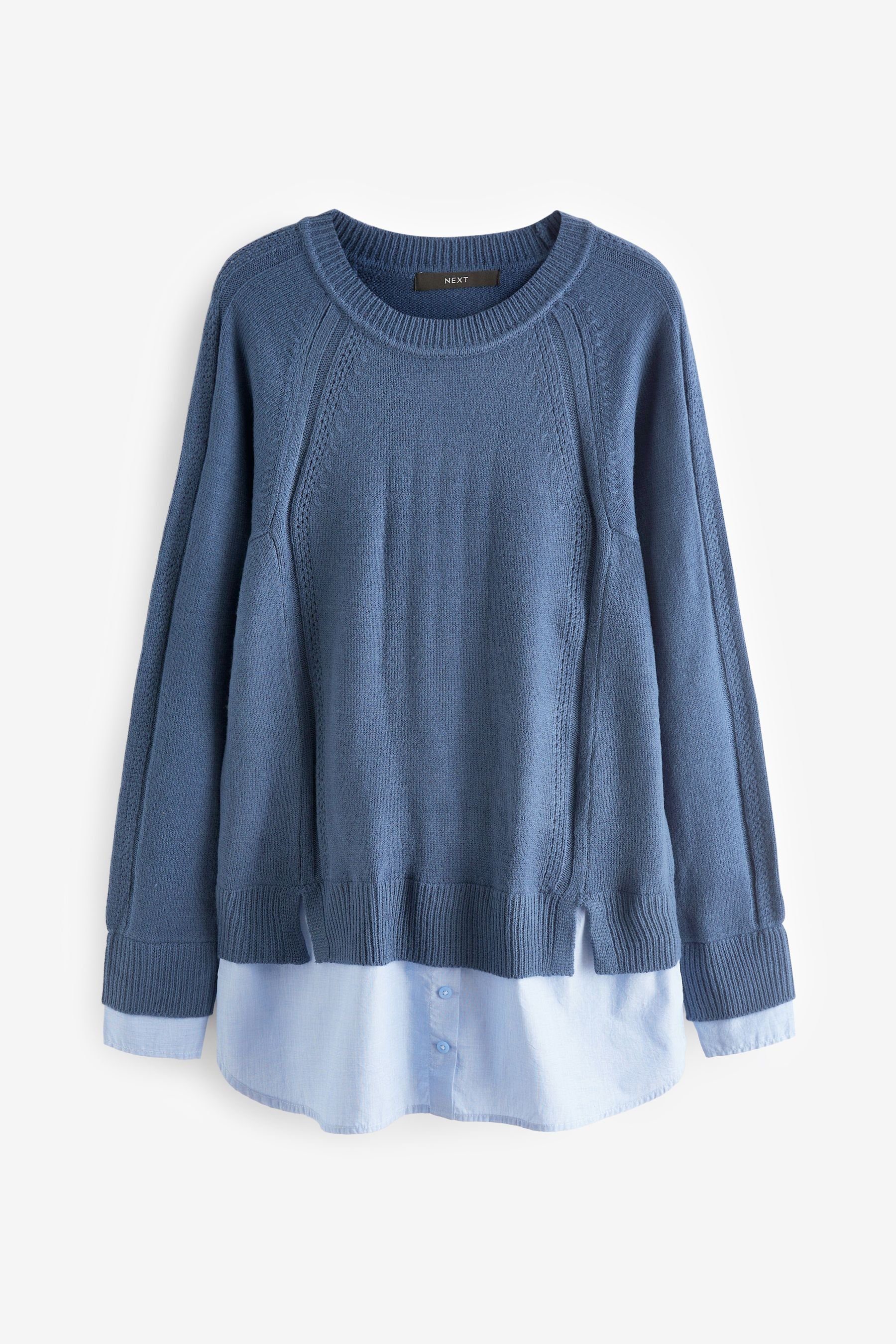 Next 2-in-1-Pullover Kuscheliger Pullover mit Blusendetail (1-tlg) Blue