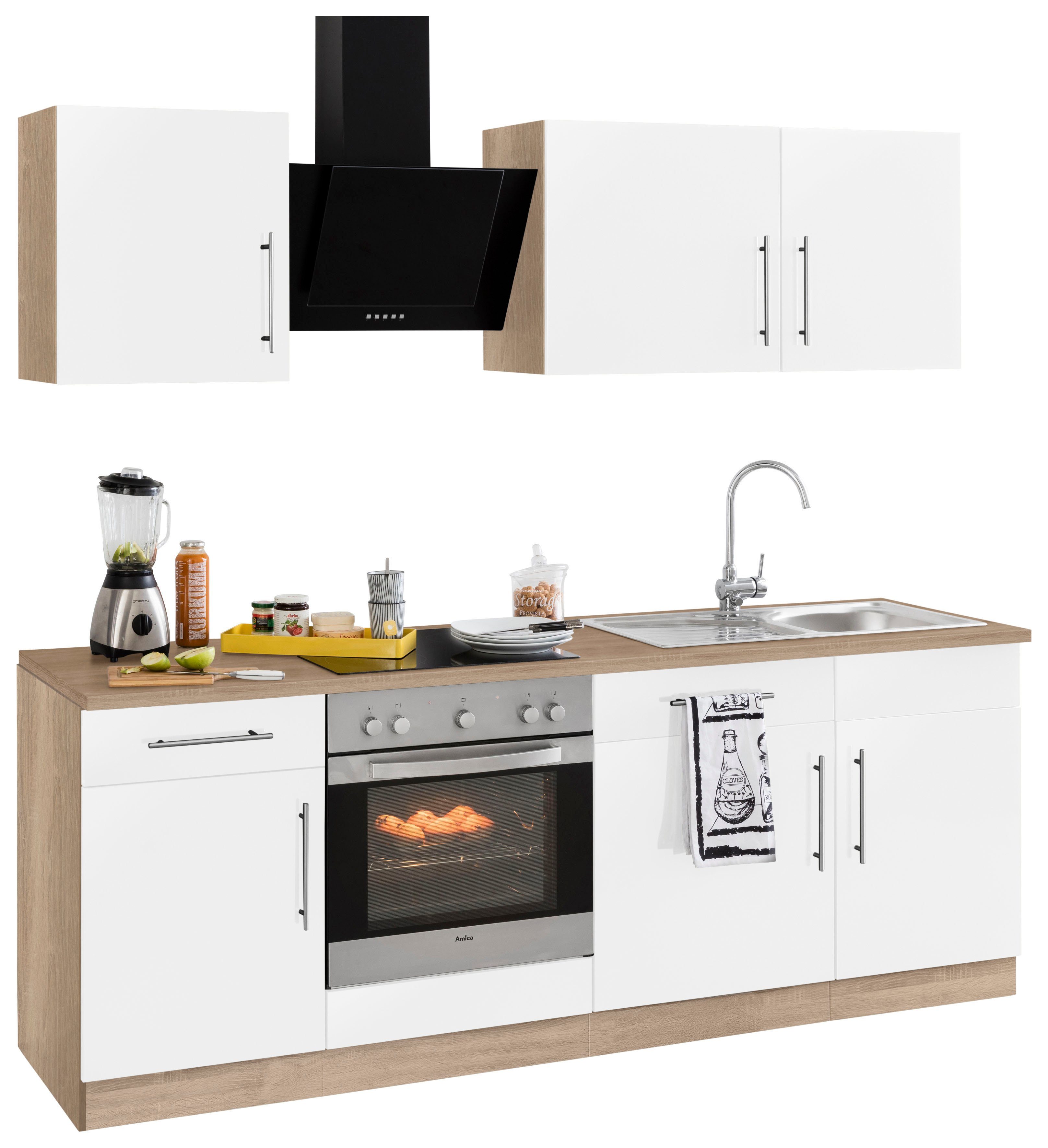 wiho Küchen Küchenzeile »Cali«, mit E-Geräten, Breite 220 cm mit  Metallgriffen