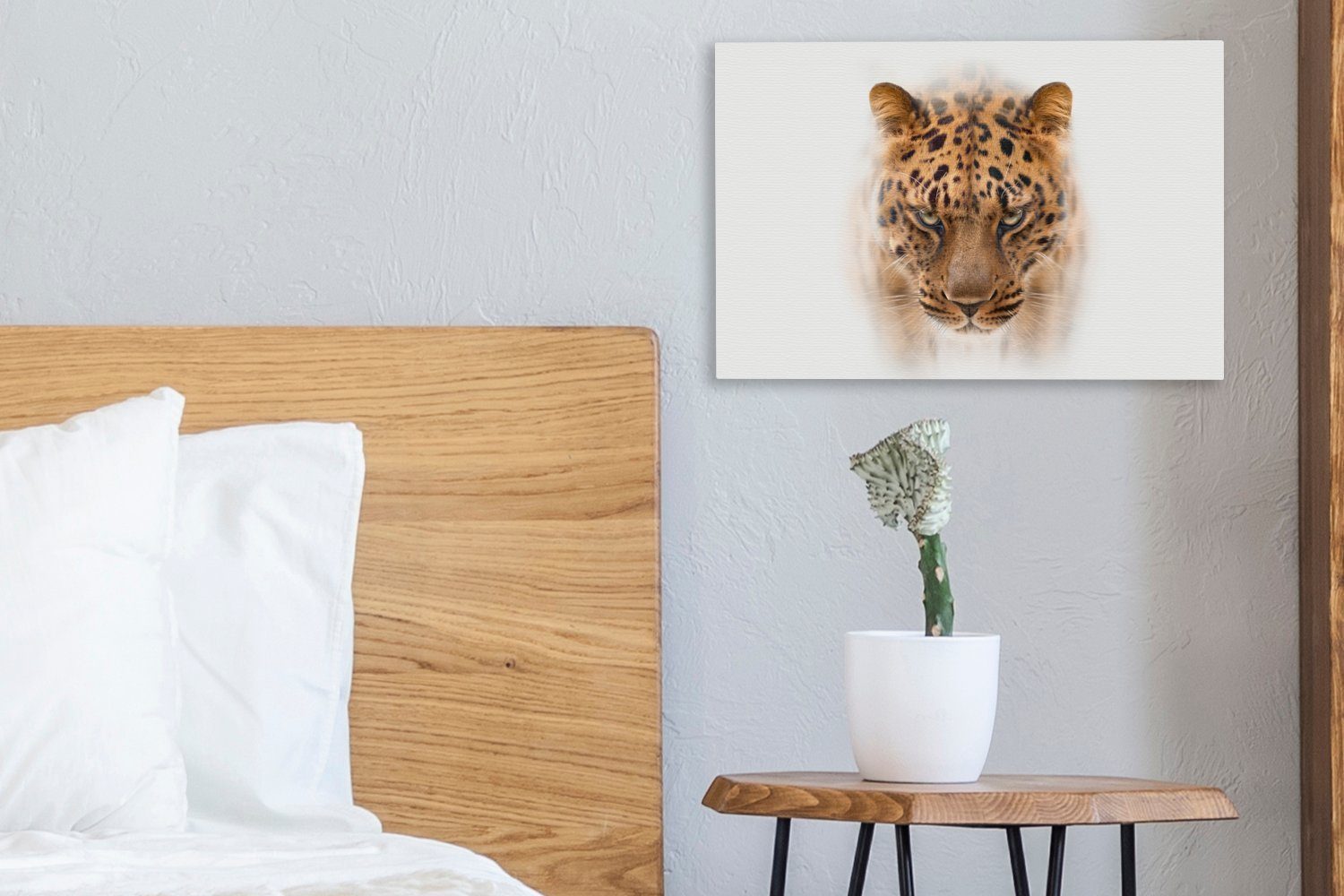 OneMillionCanvasses® Leinwandbild Leopard - Leinwandbilder, cm Gesicht, Wanddeko, (1 St), Aufhängefertig, Weiß - 30x20 Wandbild