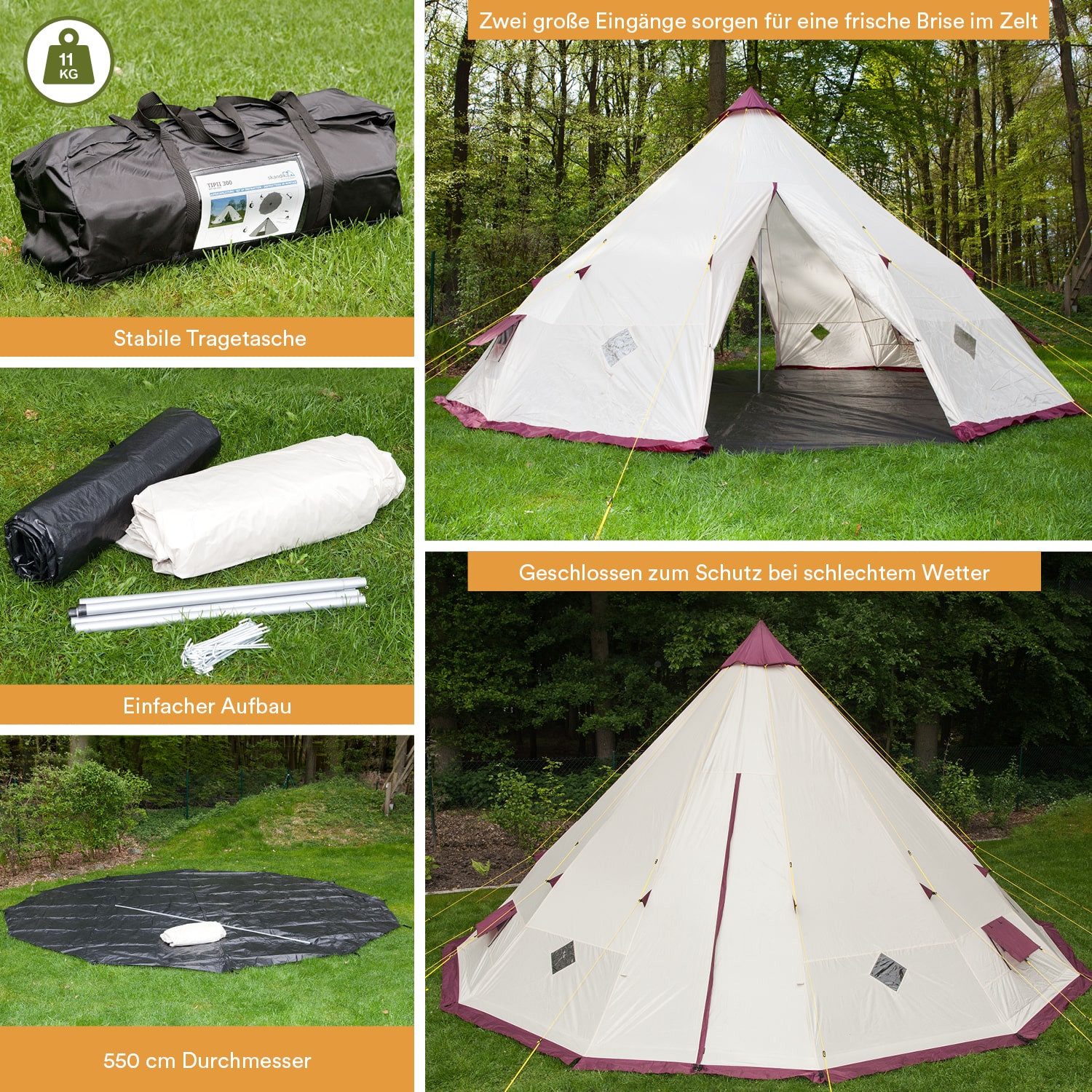 Skandika Tipi-Zelt Kota 550, Festivalzelt, Familienzelt mit losem Boden, Outdoor, Personen: 12 (Campingzelt für bis zu 12 Personen, Stahl-Gestänge, Höhe 300 cm), 3m Stehhöhe, Insektenschutz, 15 Minuten Aufbauzeit, wasserdicht 3000mm
