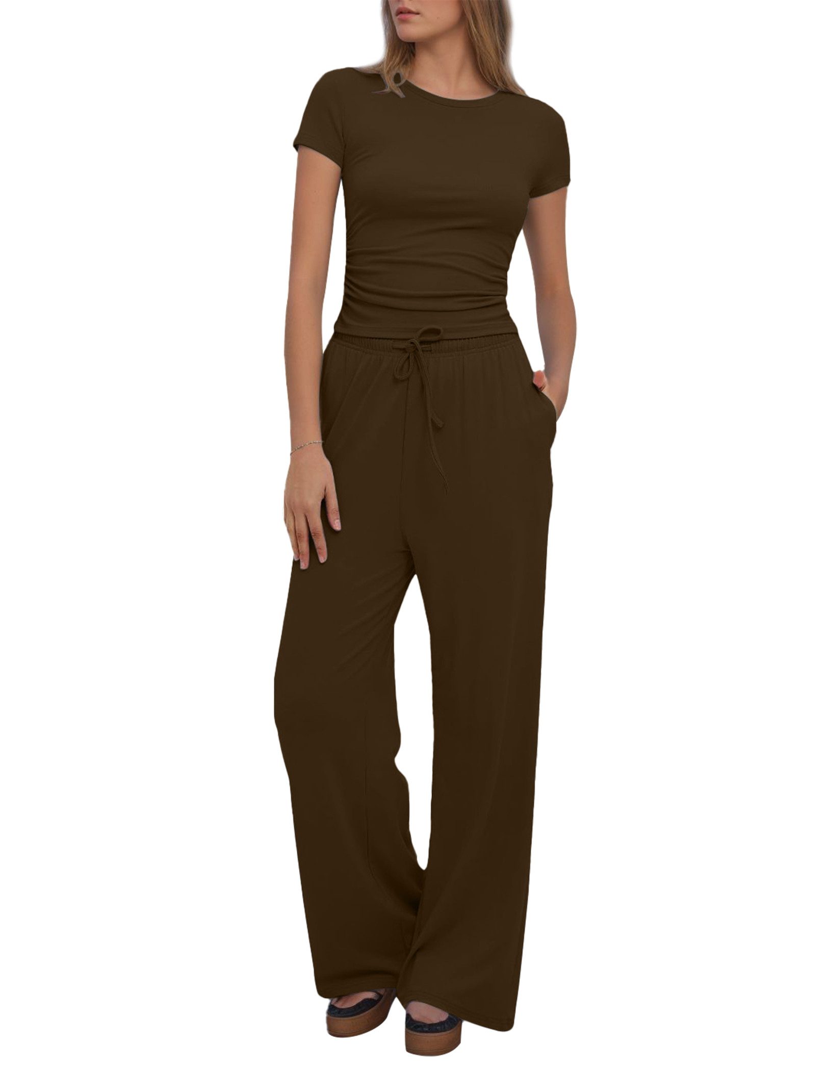 LUCKZON Freizeitanzug gerüschte Kurzarmoberteile und hoch taillierte Hosen mit weitem Bein, 2-teiliges Lounge-Set Trainingsanzug-Sets für Damen