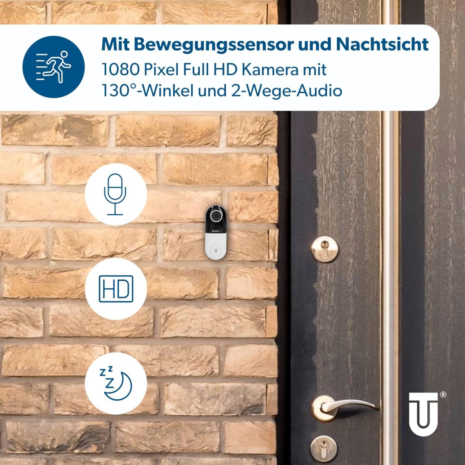 UNITEC Smart Home Türklingel WLAN Video Türsprechanlage mit HD Kamera (Außenbereich, Set, Komplett-Set Sprechanlage mit Kamera und Gong, Set Smart Türklingel Wi – Bild 5 von 5