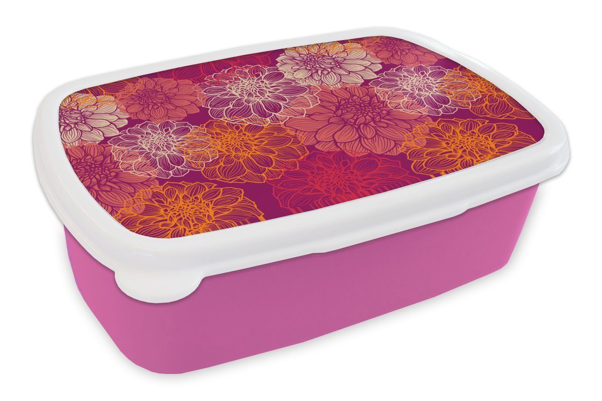 MuchoWow Lunchbox Blumen - Regenbogen - Dahlie - Muster, Kunststoff, (2-tlg), Brotbox für Erwachsene, Brotdose Kinder, Snackbox, Mädchen, Kunststoff rosa