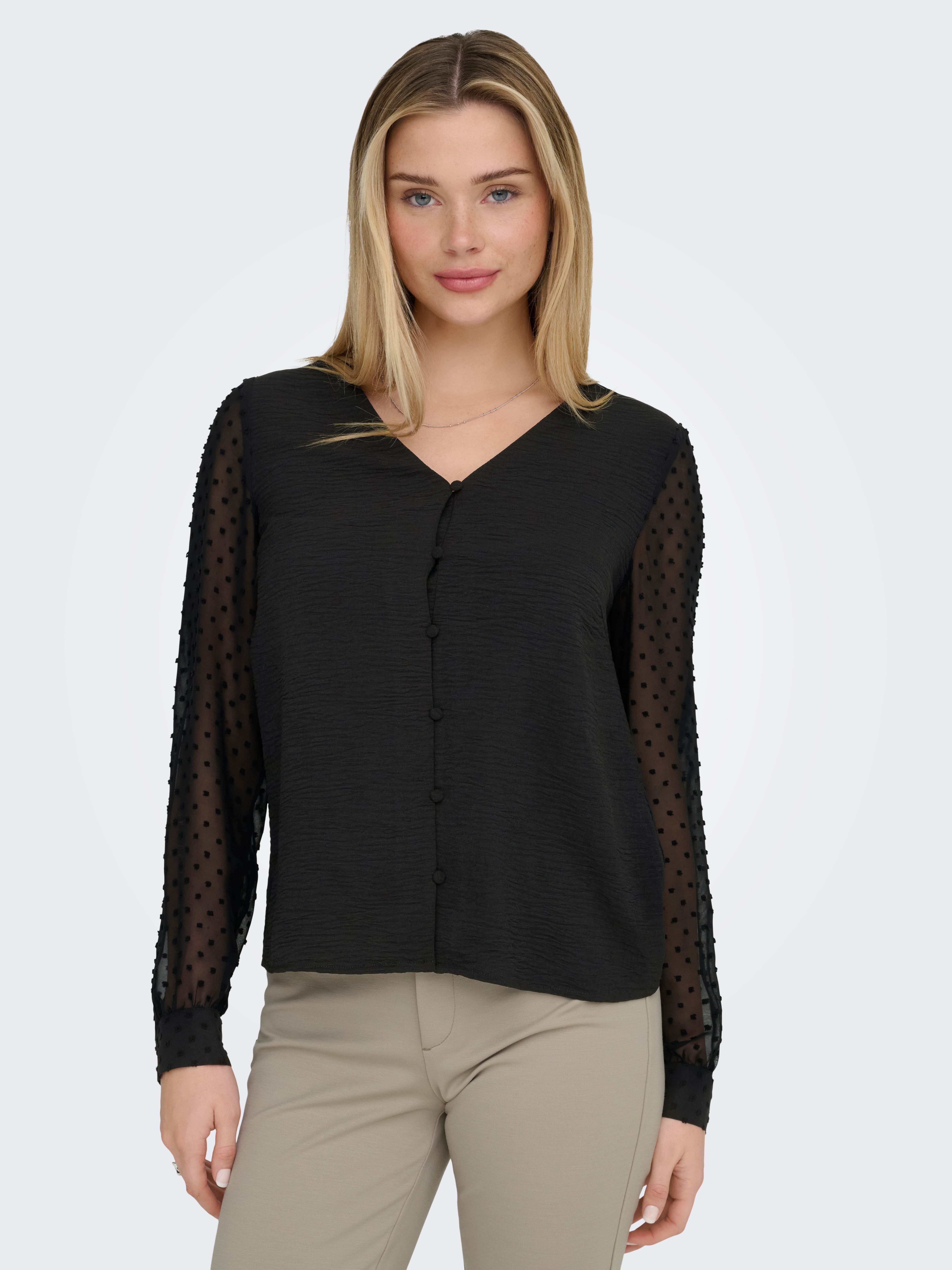 ONLY Langarmbluse ONLRHODES METTE L/S DOBBY VNECK TOP WVN Strukturiertes Material, V-Ausschnitt