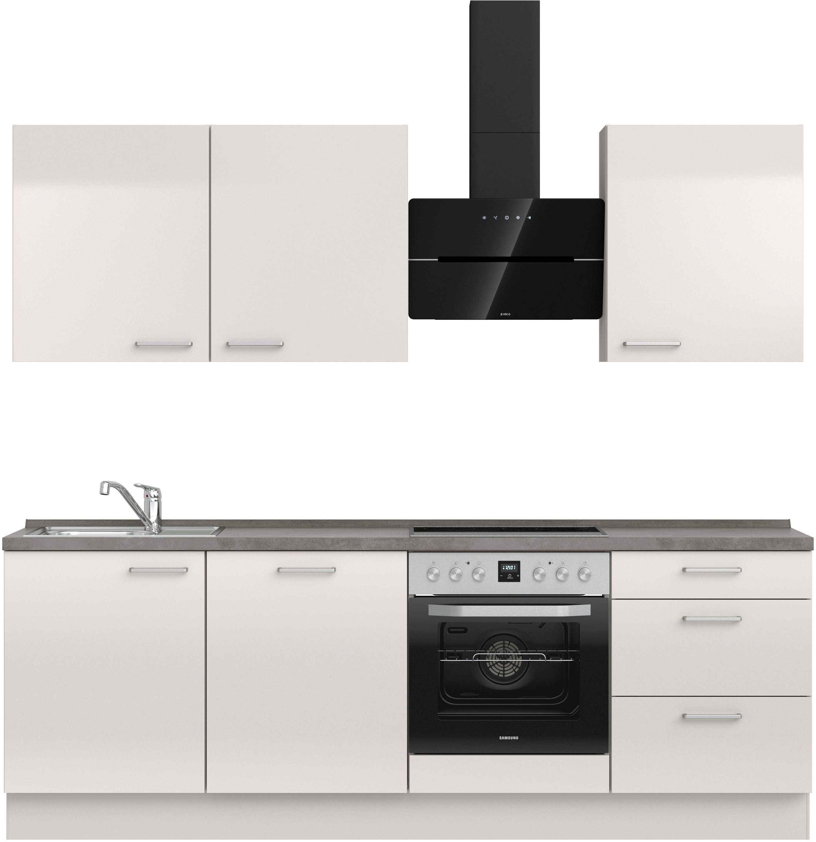 Front: Lacklaminat seidengrau Hochglanz | Korpus: seidengrau | Arbeitsplatte: Beton schiefergrau Nachbildung