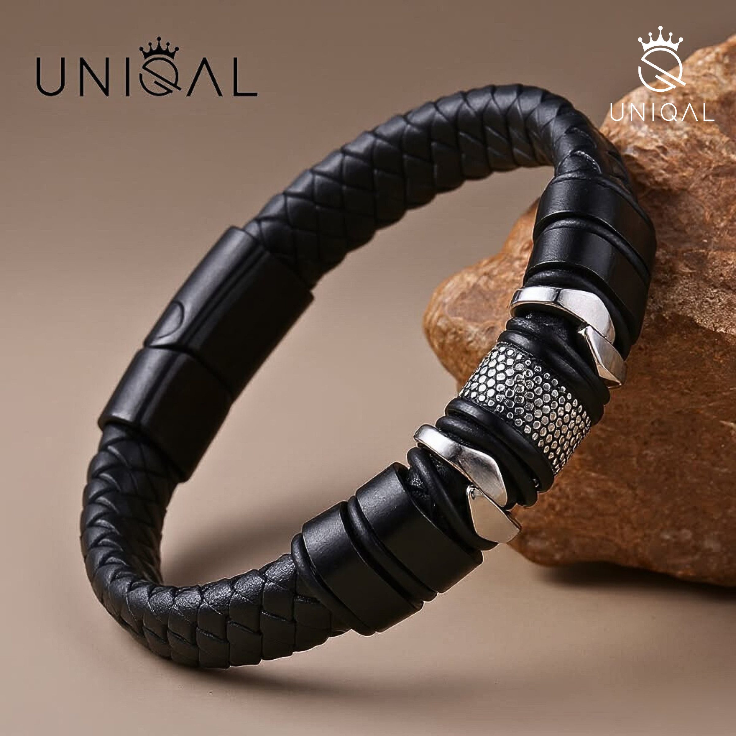 UNIQAL.de Lederarmband „MAMBA“ – Maskulines Design in Schwarz & Silber (Echtleder, Edelsthal, Magnetverschluss mit Verlängerungsglied, perfektes Geschenk, Bewährte UNIQAL Qualität), Designed in Germany