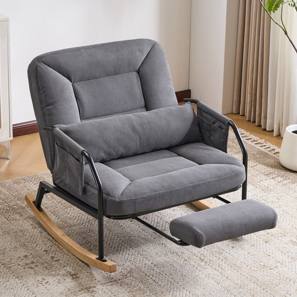 BBWL Schaukelsessel mit Liegefunktion und Fußstütze, mit verstellbarer Rückenlehne, Schaukelstuhl, XXL Relaxsessel aus Cord für Innen & Außen