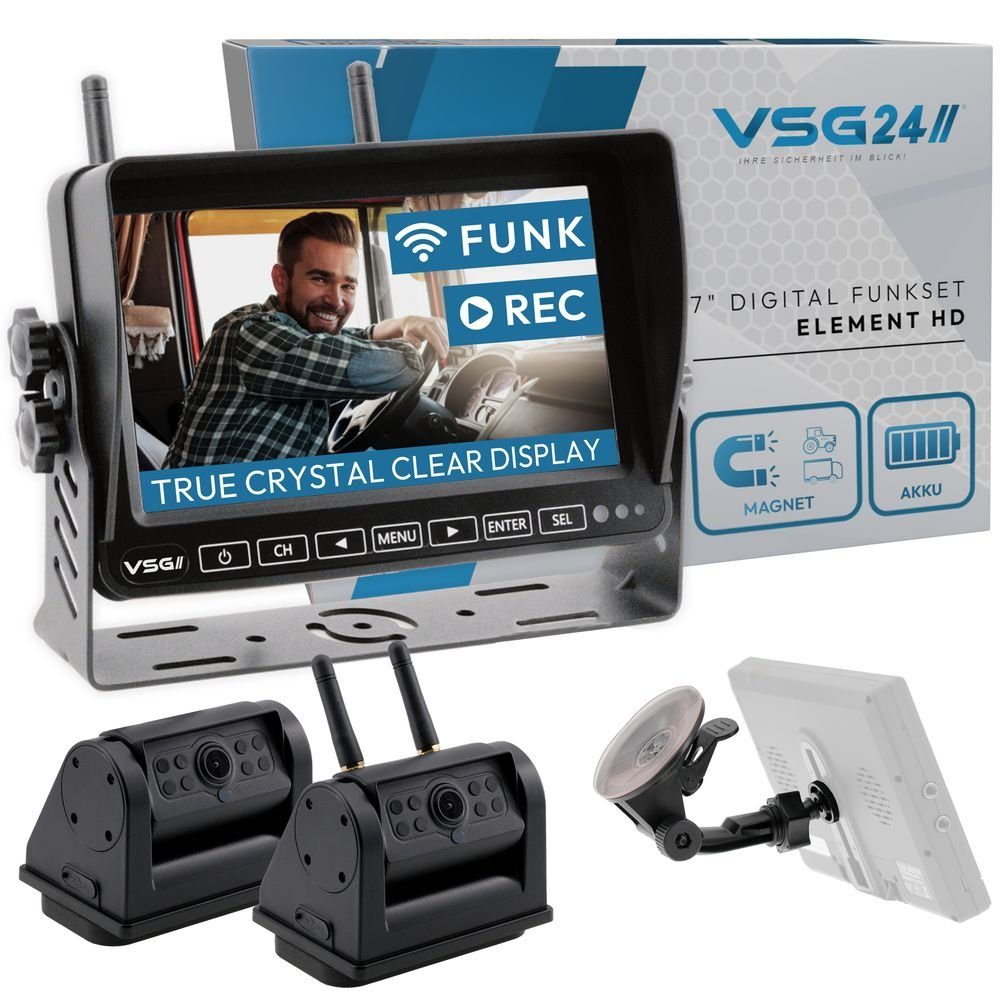 VSG24 7“ Funk Rückfahrsystem ELEMENT HD mit AKKU & Magnet, Monitor mit 2 x Rückfahrkamera (2,4 GHZ Digital Funk, Reichweite 21 Meter für Pferdeanhänger Wohnmobil)