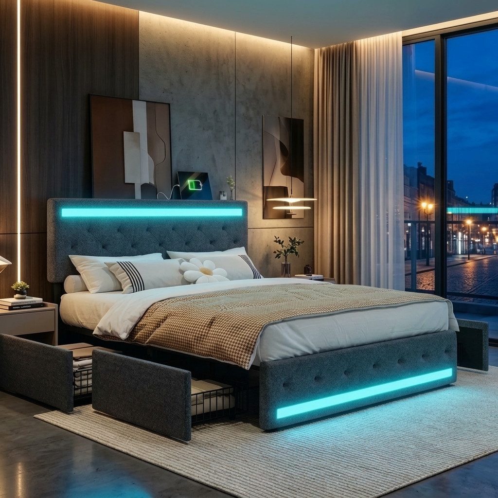 PXloue Polsterbett LED Doppelbett 140x200cm mit Ladefunktion und 4 Schubladen Polsterbett (Geeignet für Jugendliche und Erwachsene), Stauraumbett, mit RGB-LED, Lattenrost und praktischen Schubladen