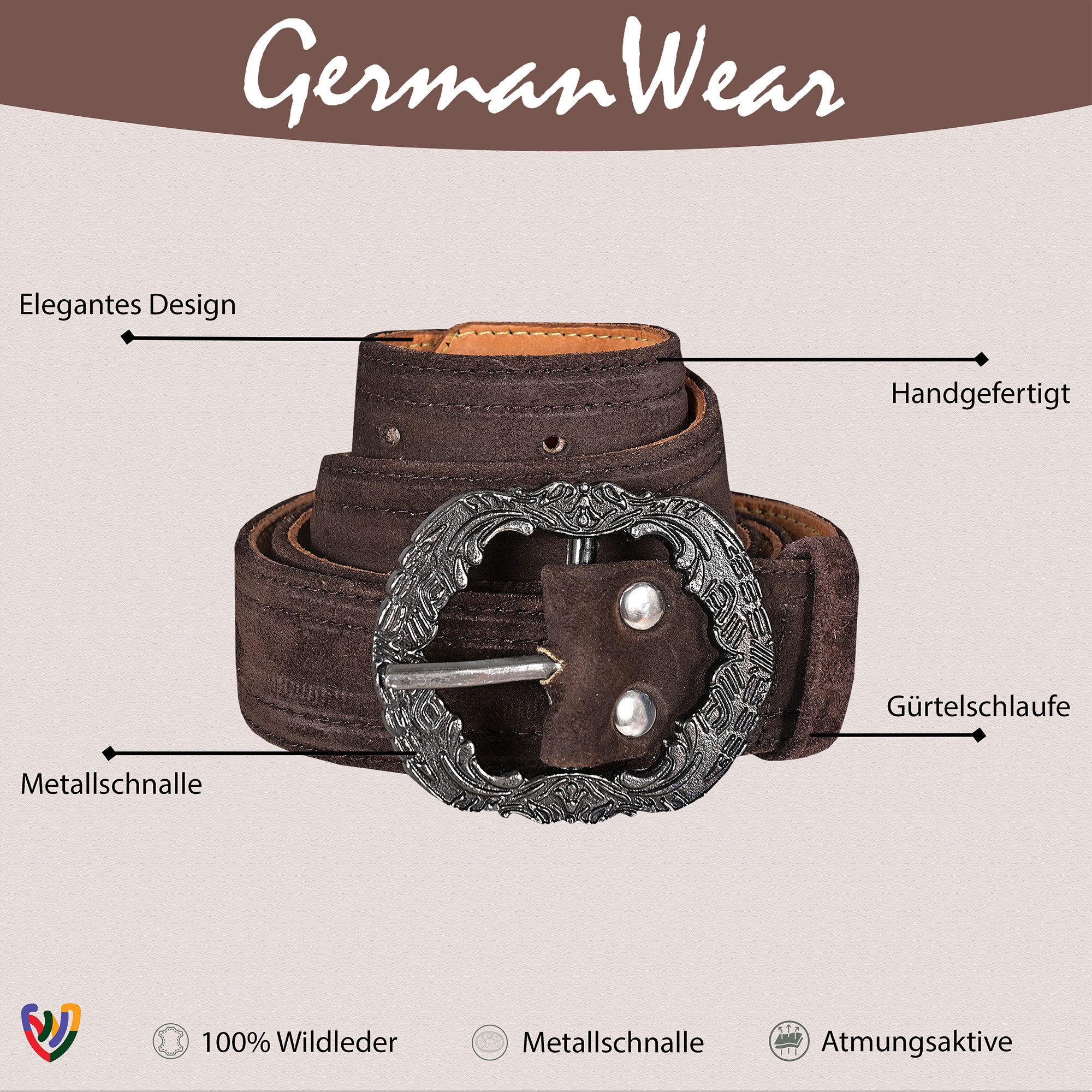 German Wear Ledergürtel GW1902-Gürtel Trachtengürtel aus Echtleder für Lederhosen mit Schnalle
