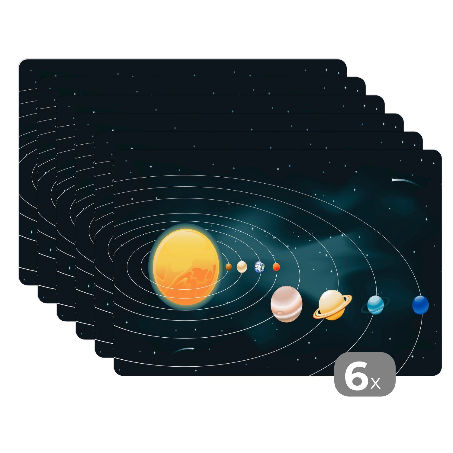mit den Platzset, Eine Illustration MuchoWow, (6-St), Planeten, Platzset, Schmutzabweisend des Platzdecken, Sonnensystems Platzmatte, Tischmatten,