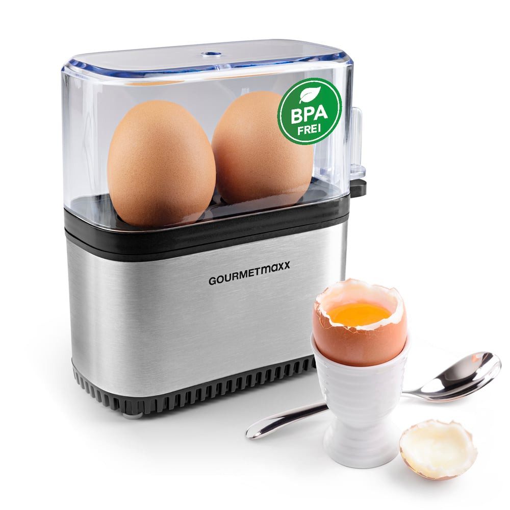 GOURMETmaxx Eierkocher kompakt für 2 Eier, 250 W, für perfekte Frühstückseier,  mit Messbecher & Ei-Pick