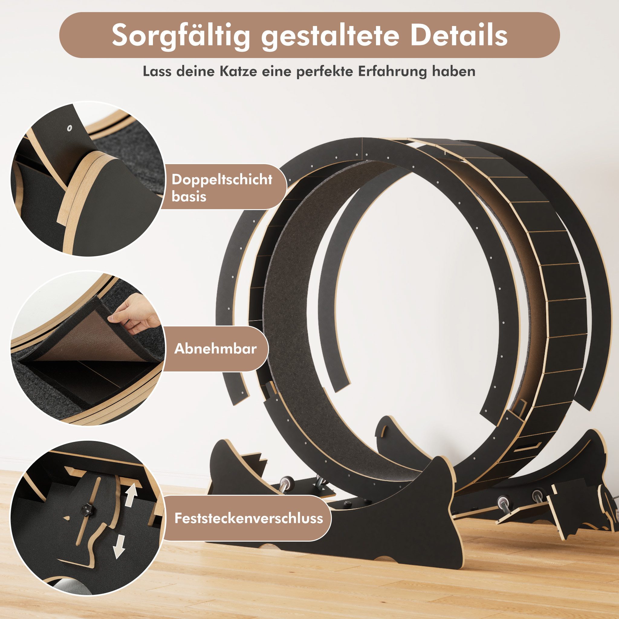 Mondeer Tier-Intelligenzspielzeug Katzenlaufrad, MDF, Innendurchmesser 100cm Leises Scrollrad und Sicherheitsschloss-Design