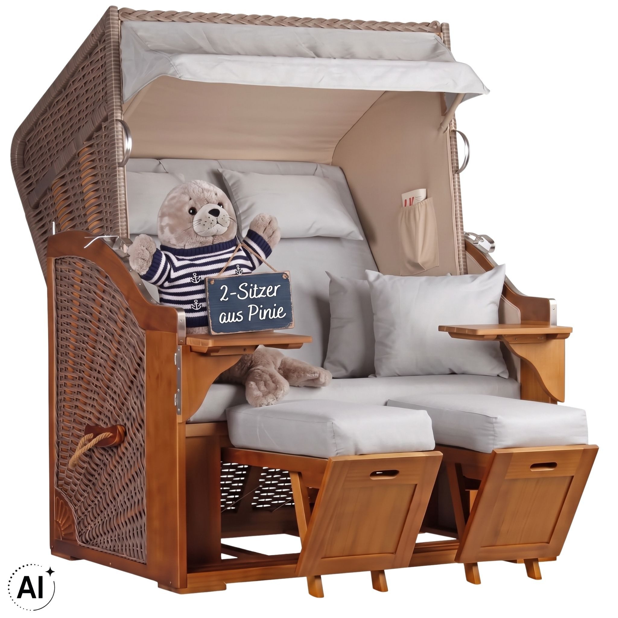 MR.DEKO Strandkorb 2-Sitzer Schleswig Pinie Braun PE Mokka, aufgebaut geliefert, BxTxH: 120x80x160 cm, 2-Sitzer, Schleswig, (Zweisitzer Strandkorb mit Bistrotischen & Fußstützen), Bereits montiert, UV-beständig, Volllieger & Edelstahl-Beschläge