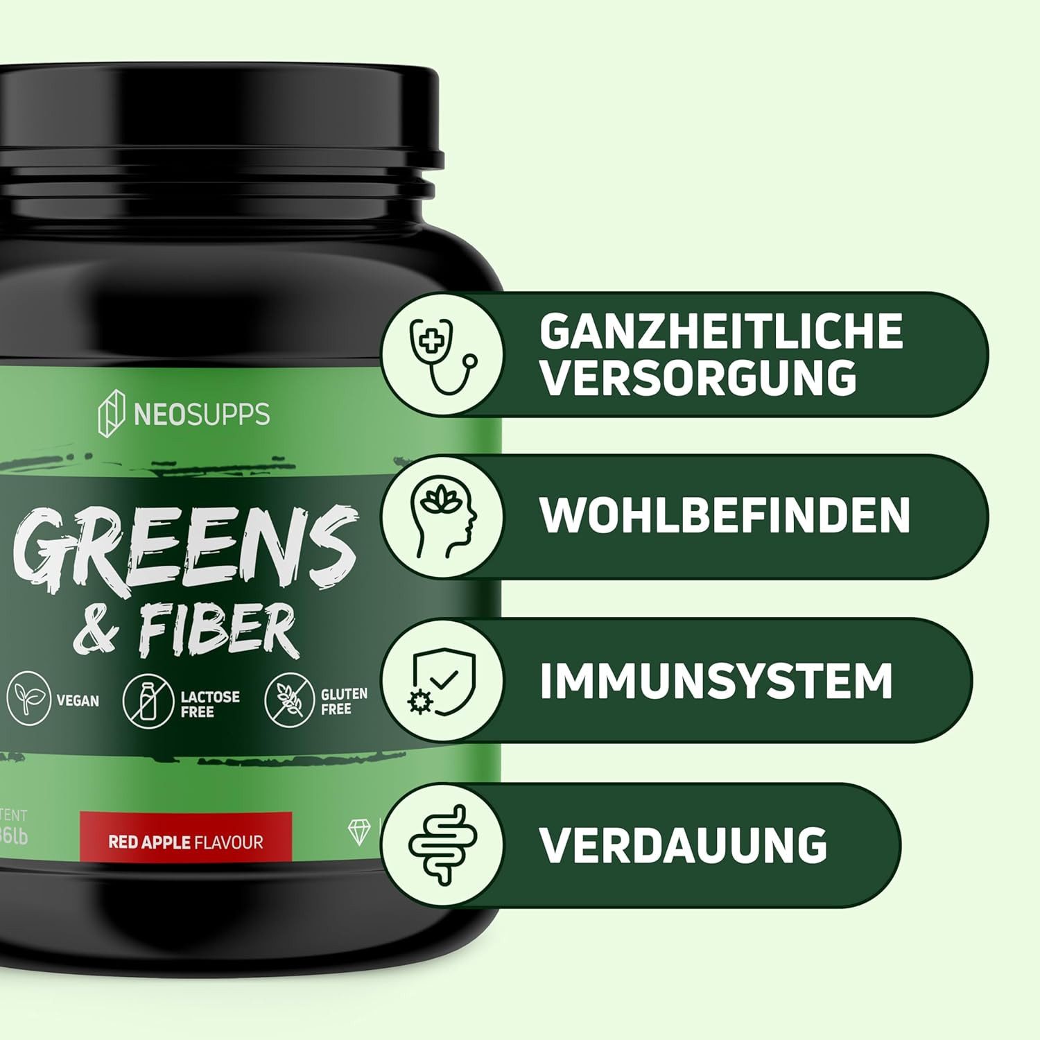 Neosupps Greens & Fiber, Hochdosiertes Superfood-Pulver mit Chlorella Spirulina Pulver, 390g Red Apple mit Weizengras, Gerstengras, Inulin & Apfelfaser