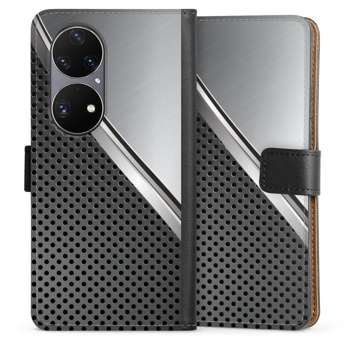 DeinDesign Handyhülle Carbon Stahl Metall Duo Metal Surface Huawei P50 Pro Hülle Handy Flip Case Wallet Cover Handytasche Leder