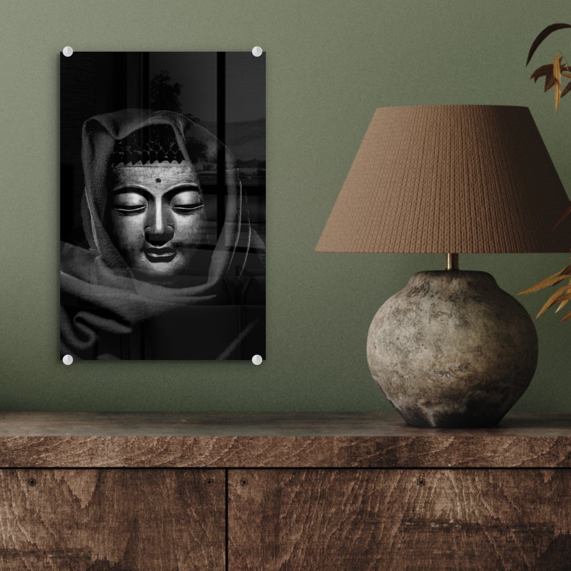 Acrylglasbild Kupferbuddhas Wanddekoration St), - Glas auf schwarz - Wandbild Glas Kopftuch - eines weiß, (1 MuchoWow Foto Kopf - Glasbilder bunt und mit auf Bilder
